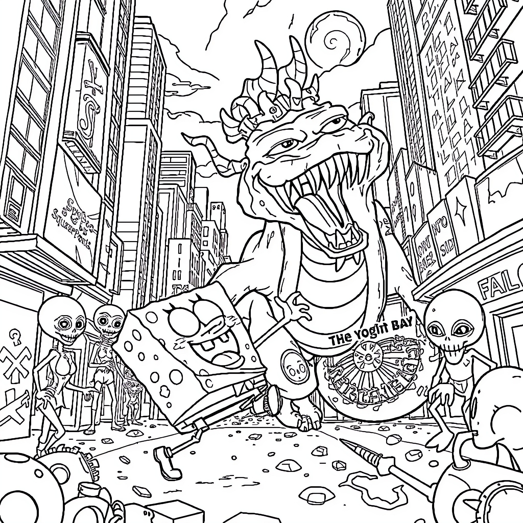 Spongebob and friends face a giant monster in the city Coloring Page (free black-and-white line drawing printable PDF for all, from beginners to advanced learners, including children, teens, adults, and seniors)
