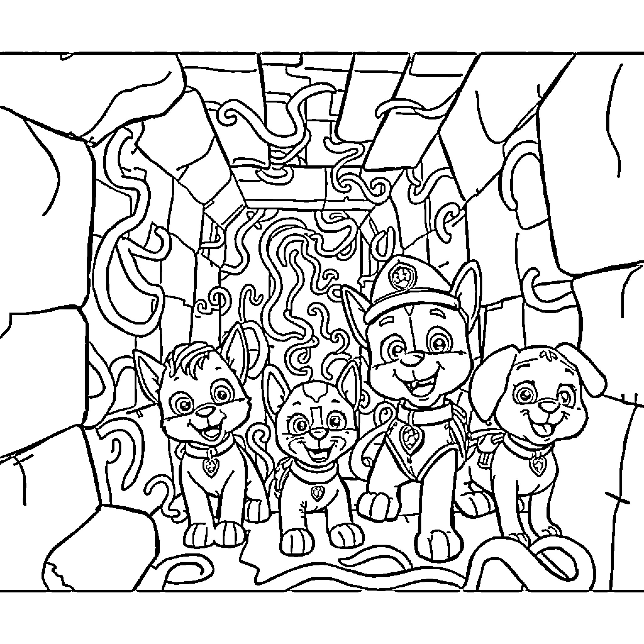 Paw Patrol characters in a fun and playful scene Coloring Page (free black-and-white line drawing printable PDF for all, from beginners to advanced learners, including children, teens, adults, and seniors)