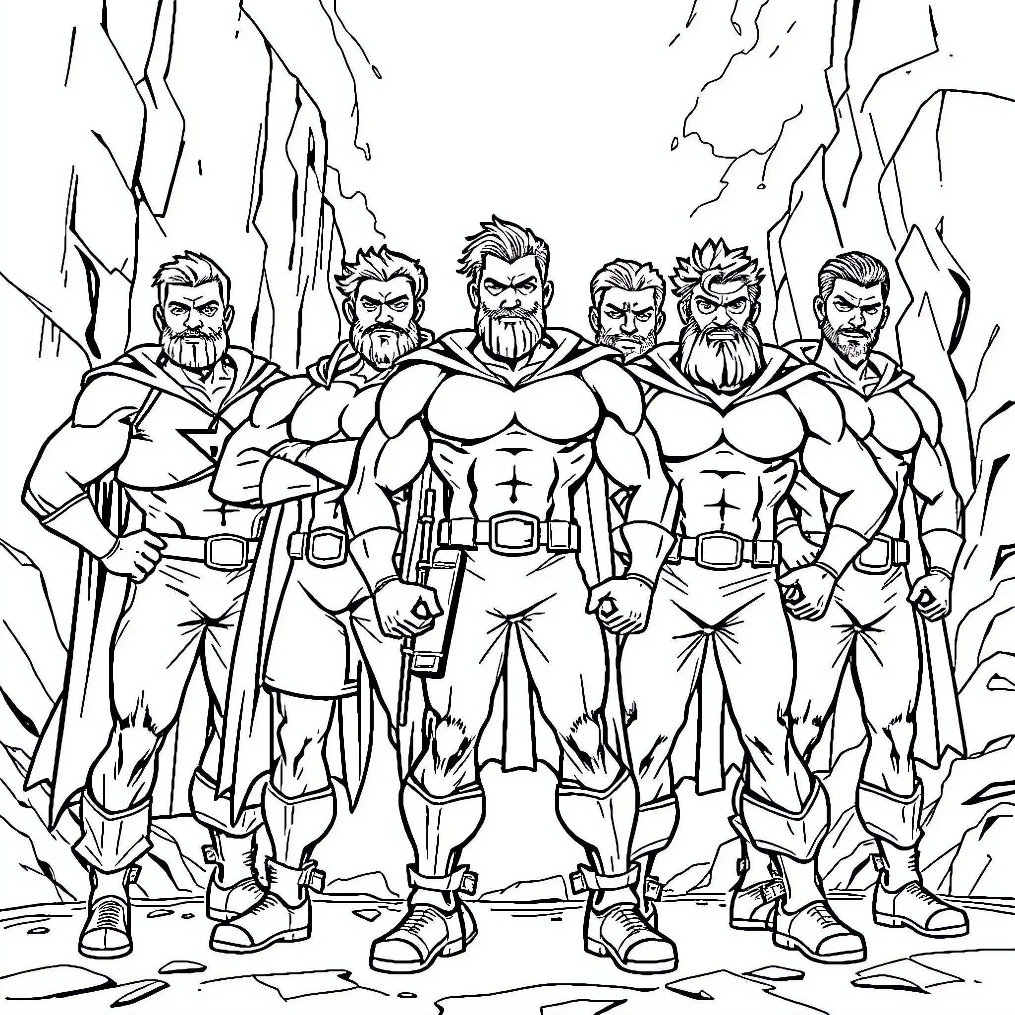 Hero Superheroes Assembled in Dramatic Pose Coloring Page (free black-and-white line drawing printable PDF for all, from beginners to advanced learners, including children, teens, adults, and seniors)