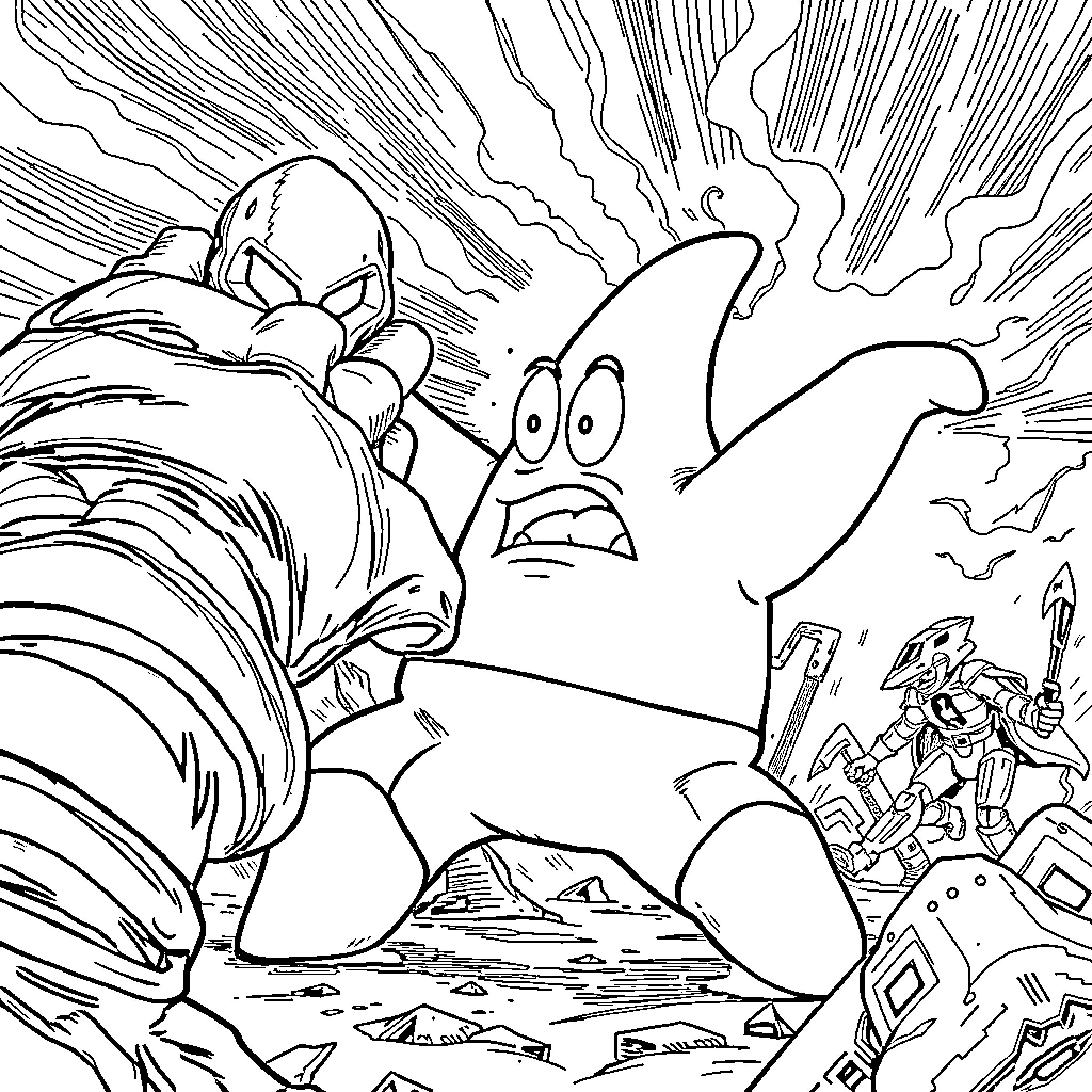 Patrick's Chaotic Encounter in the Unusual Landscape Coloring Page (free black-and-white line drawing printable PDF for all, from beginners to advanced learners, including children, teens, adults, and seniors)
