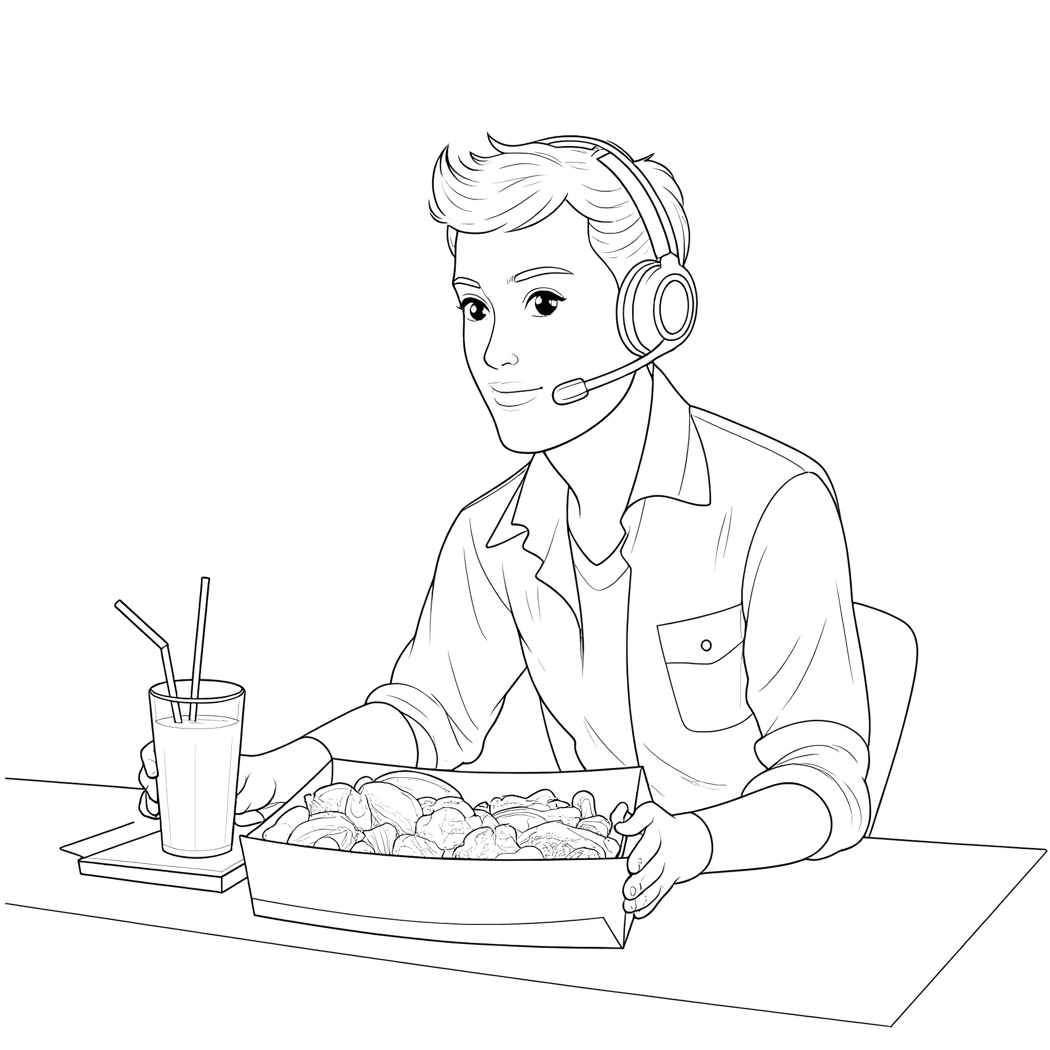 Video Engineer Working Diligently in Office Setting Coloring Page (free black-and-white line drawing printable PDF for all, from beginners to advanced learners, including children, teens, adults, and seniors)