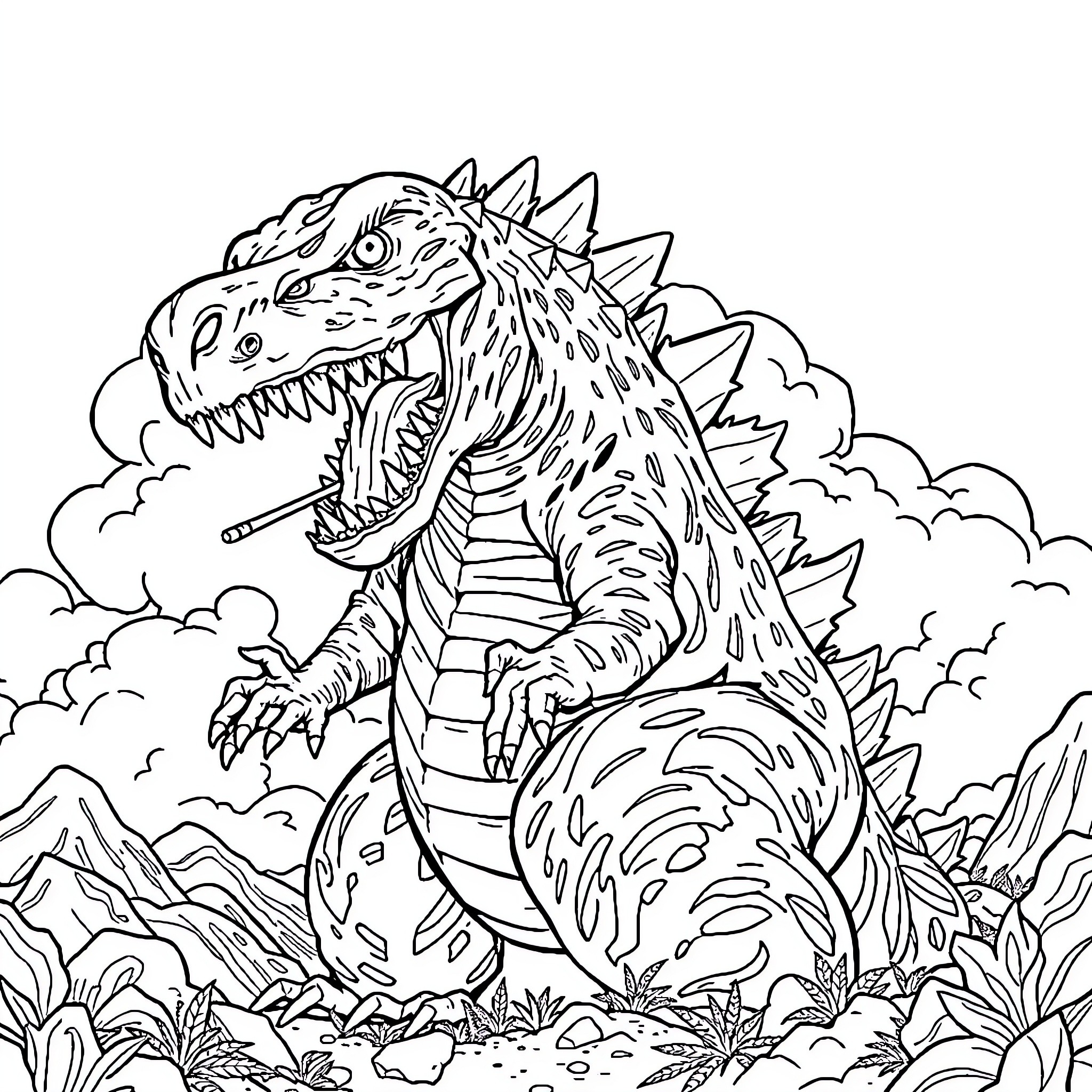 Godzilla Destroys the Peaceful Landscape Coloring Page (free black-and-white line drawing printable PDF for all, from beginners to advanced learners, including children, teens, adults, and seniors)