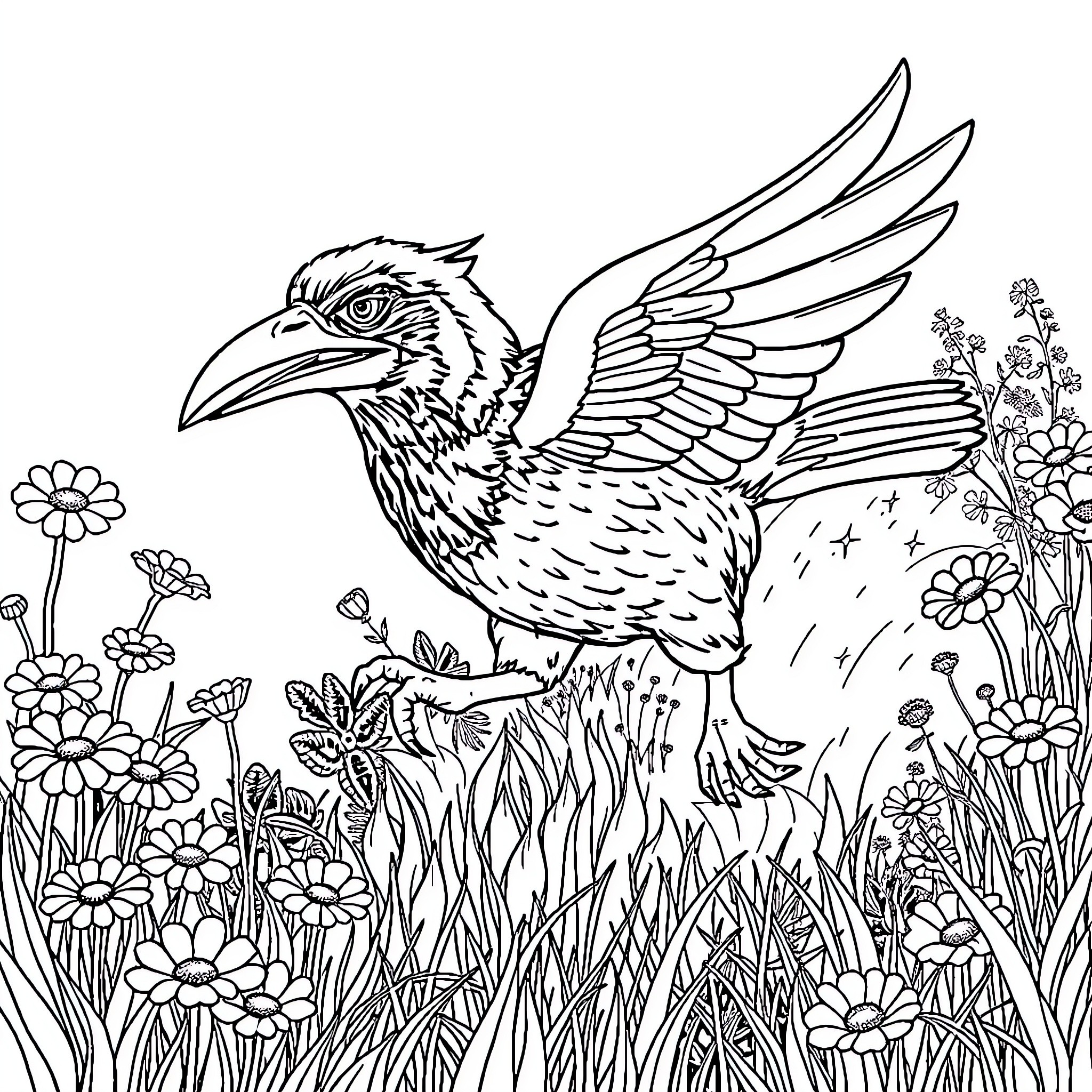 Bird resting amidst floral scenery Coloring Page (free black-and-white line drawing printable PDF for all, from beginners to advanced learners, including children, teens, adults, and seniors)