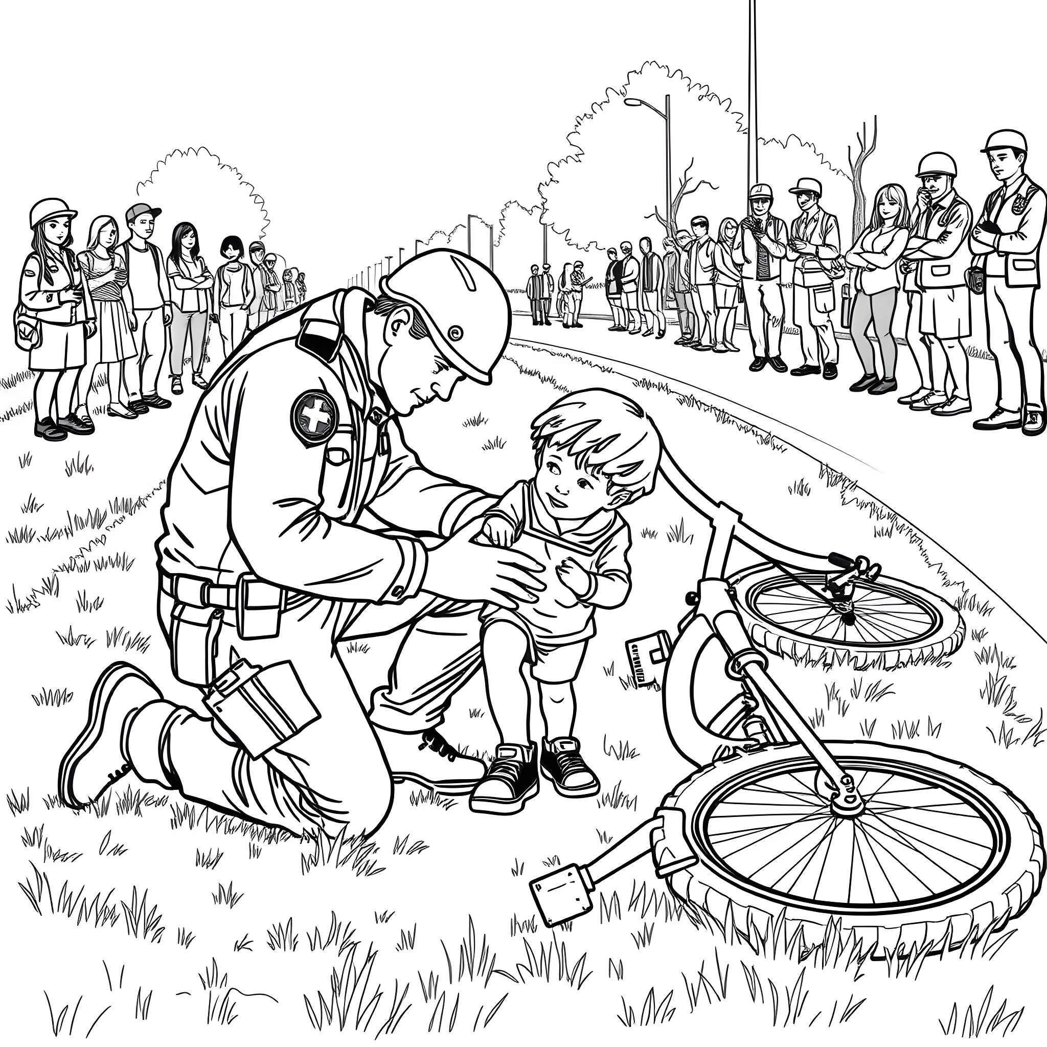 Paramedic attends to injured cyclist in accident scene Coloring Page (free black-and-white line drawing printable PDF for all, from beginners to advanced learners, including children, teens, adults, and seniors)