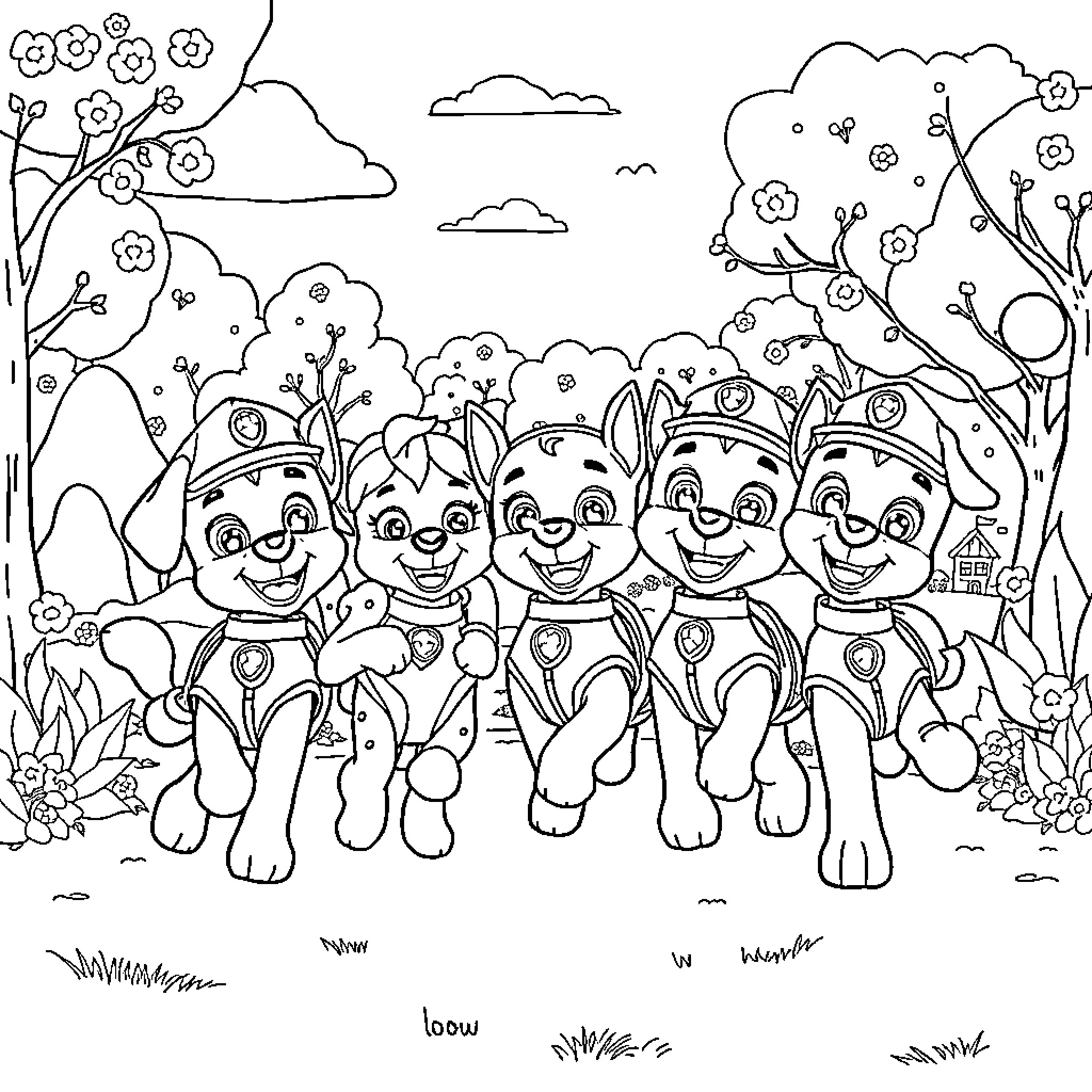 Paw Patrol team exploring the park Coloring Page (free black-and-white line drawing printable PDF for all, from beginners to advanced learners, including children, teens, adults, and seniors)