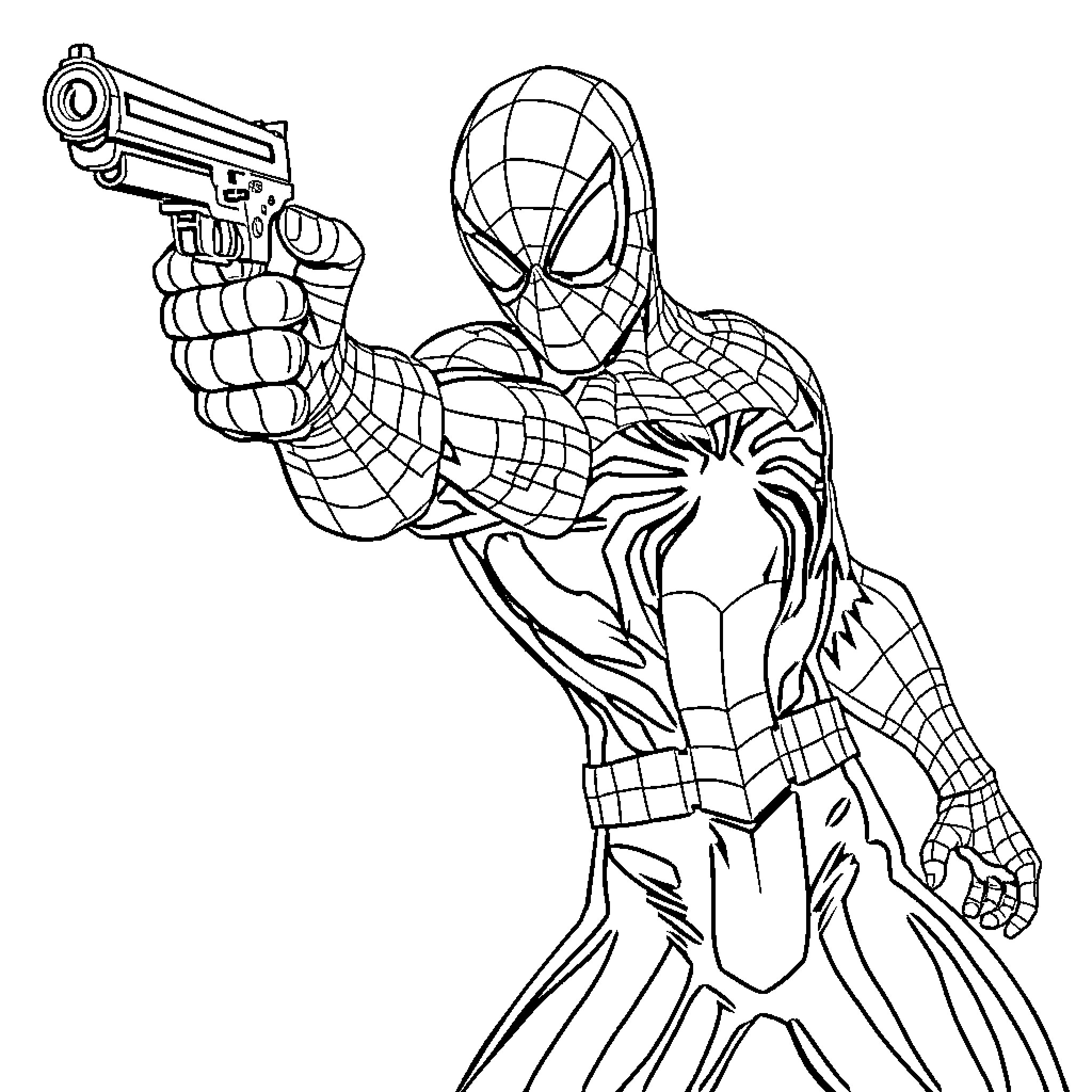 Spiderman battles with gun in action-packed scene Coloring Page (free black-and-white line drawing printable PDF for all, from beginners to advanced learners, including children, teens, adults, and seniors)