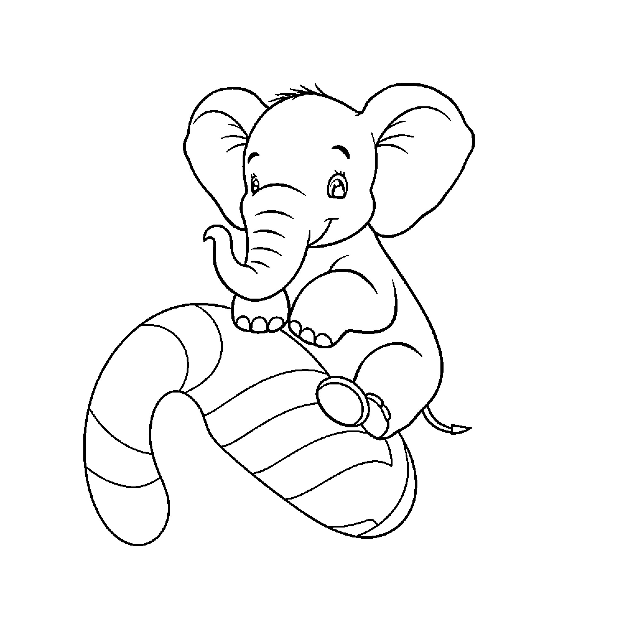 Elephant playing with a ball Coloring Page (free black-and-white line drawing printable PDF for all, from beginners to advanced learners, including children, teens, adults, and seniors)