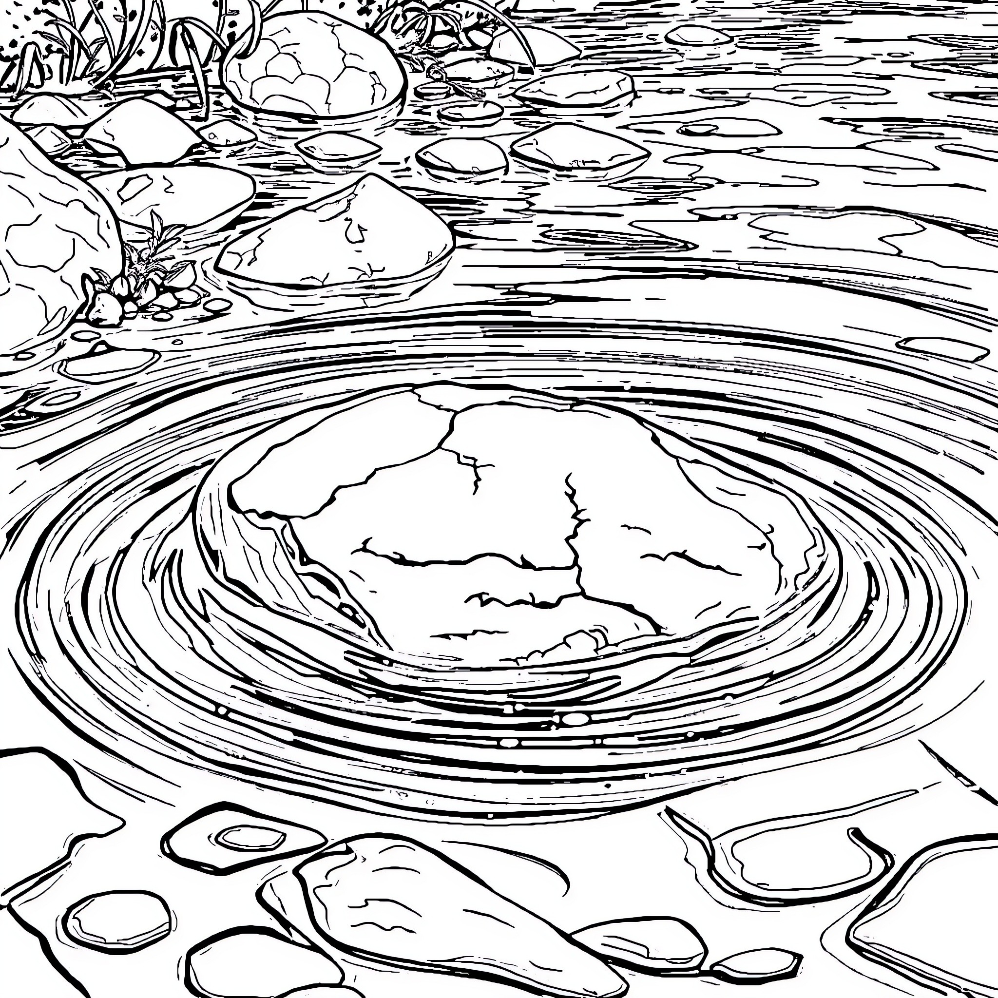 Element of nature in a serene pond Coloring Page (free black-and-white line drawing printable PDF for all, from beginners to advanced learners, including children, teens, adults, and seniors)
