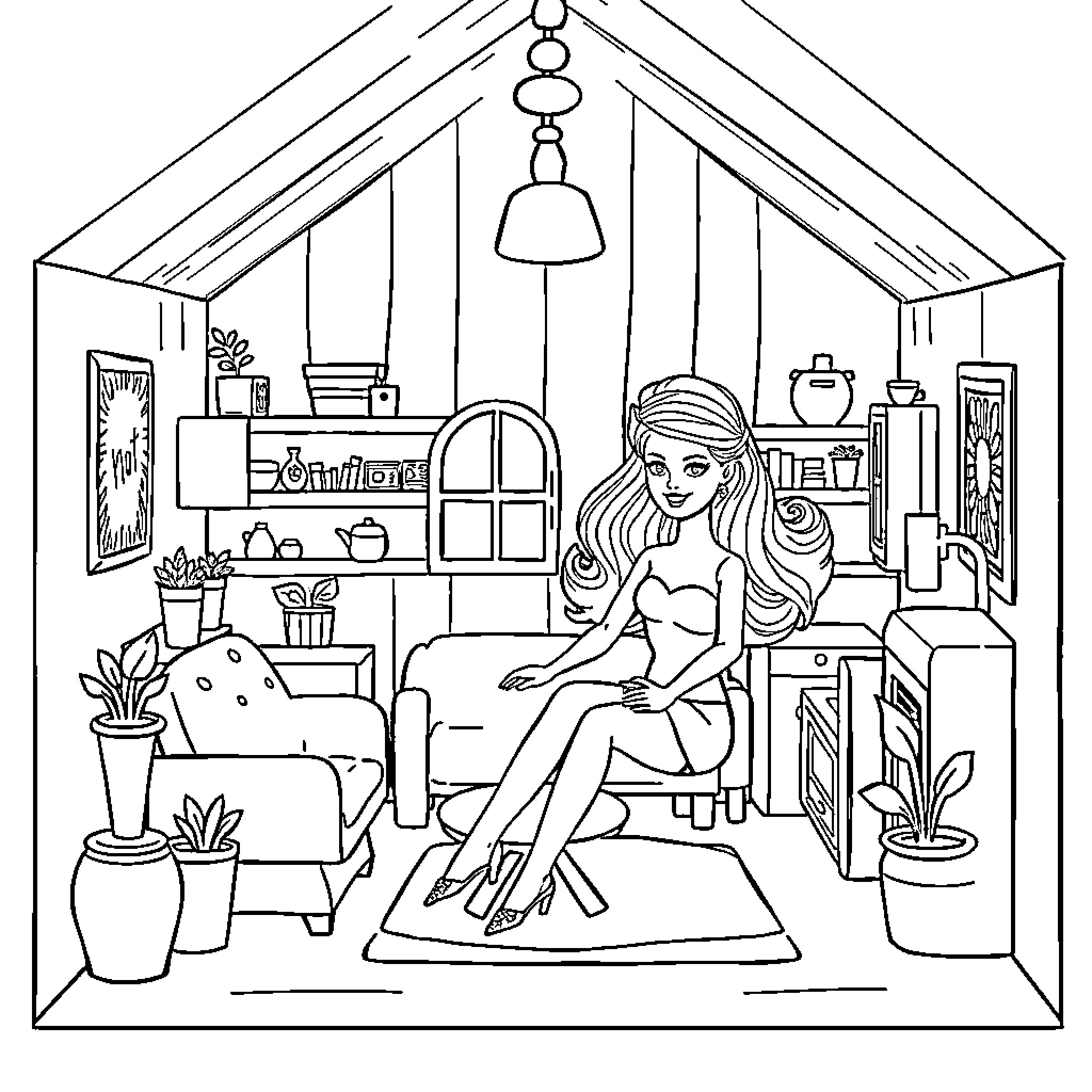 Barbie relaxing in her cozy home Coloring Page (free black-and-white line drawing printable PDF for all, from beginners to advanced learners, including children, teens, adults, and seniors)
