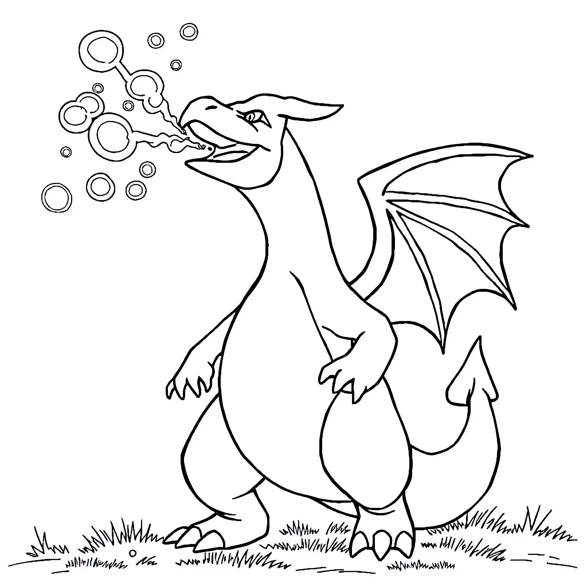 Charizard blowing bubbles in the wilderness Coloring Page (free black-and-white line drawing printable PDF for all, from beginners to advanced learners, including children, teens, adults, and seniors)