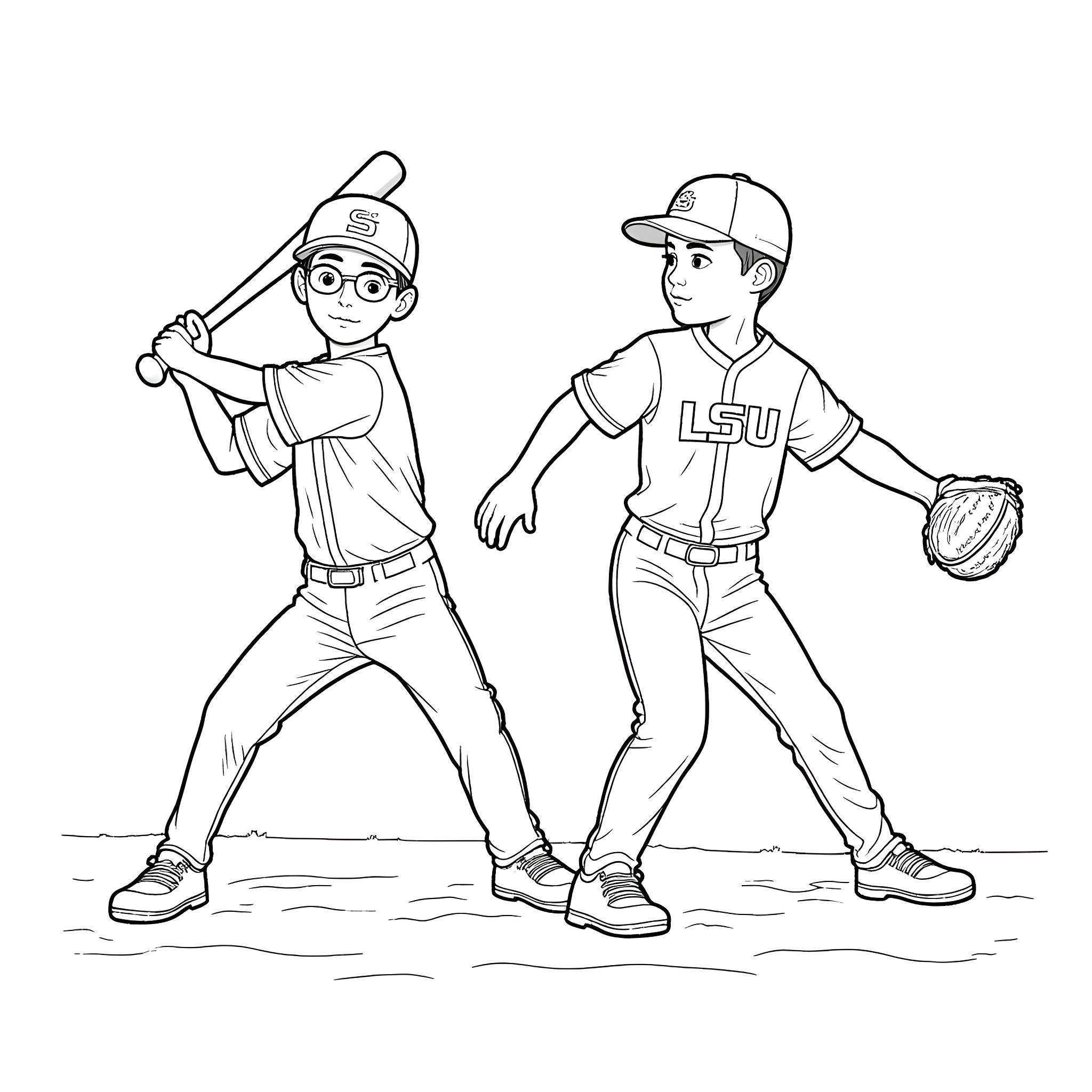 Brothers Playing Baseball Together Coloring Page (free black-and-white line drawing printable PDF for all, from beginners to advanced learners, including children, teens, adults, and seniors)