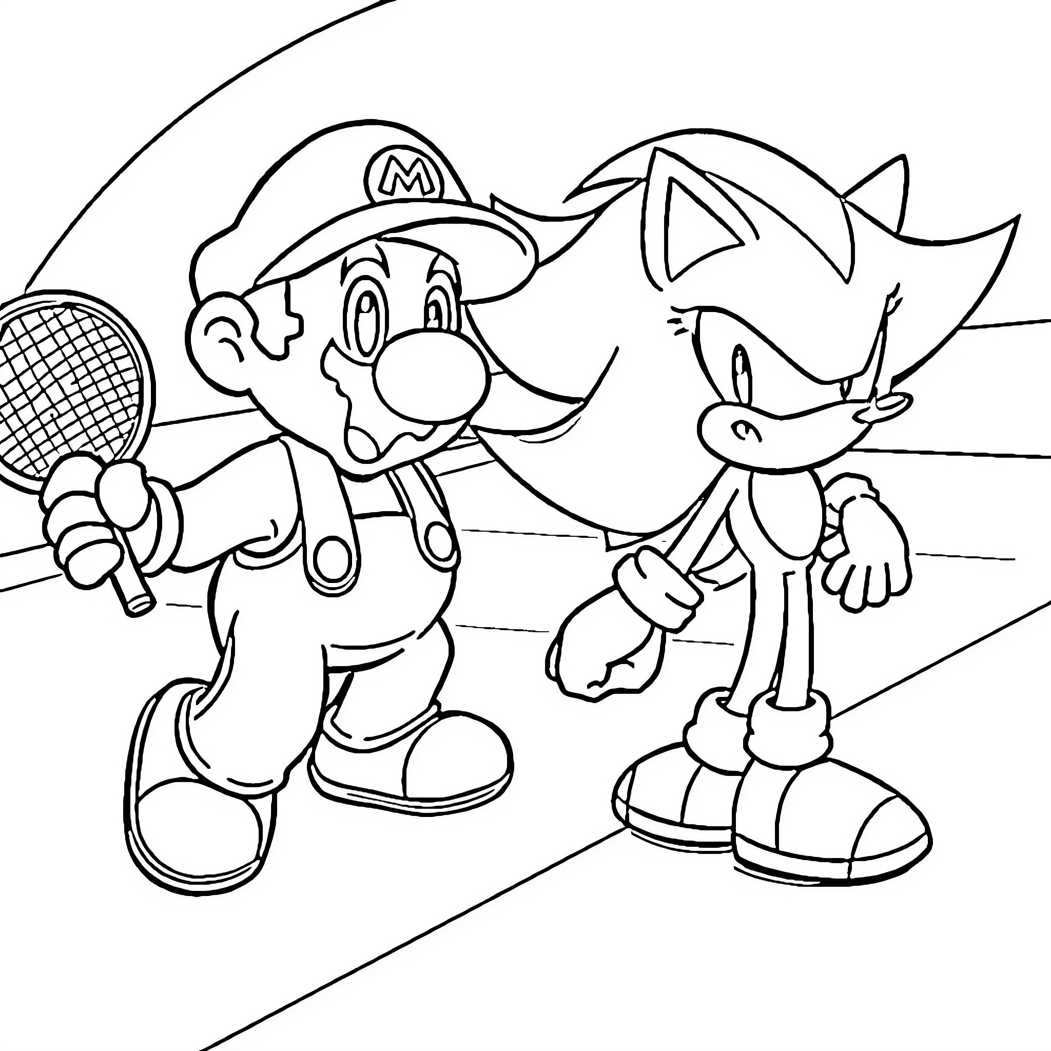 Mario and Sonic Playing Tennis Together Coloring Page (free black-and-white line drawing printable PDF for all, from beginners to advanced learners, including children, teens, adults, and seniors)