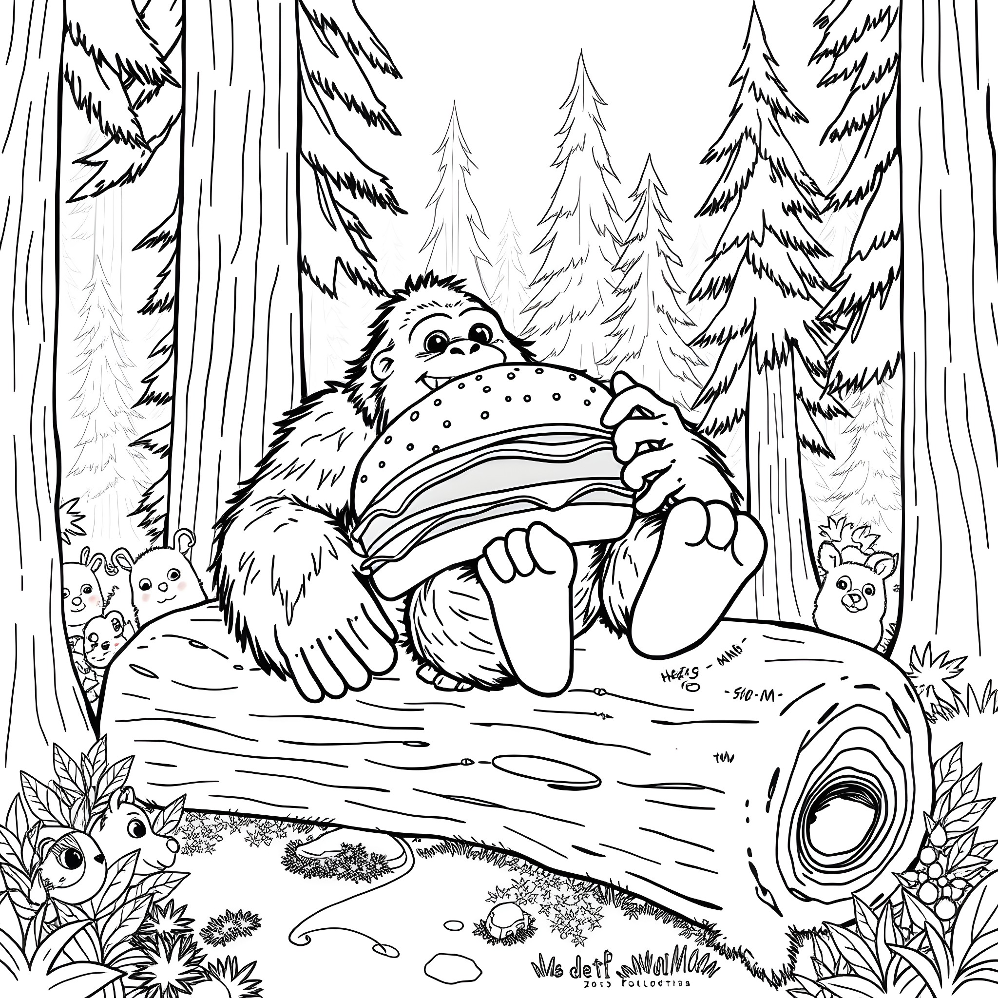 Bigfoot snuggled in the forest with woodland creatures Coloring Page (free black-and-white line drawing printable PDF for all, from beginners to advanced learners, including children, teens, adults, and seniors)