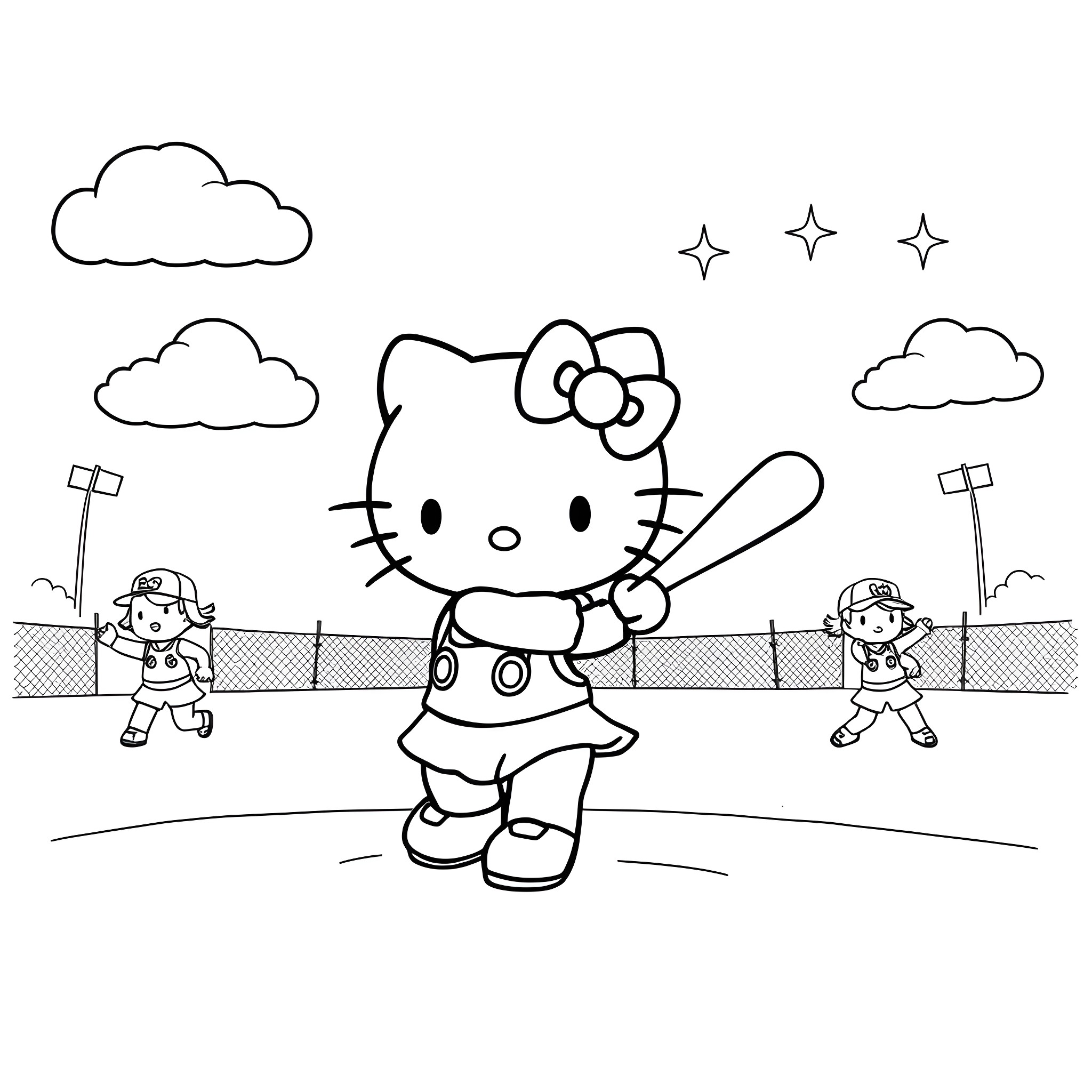 Hello Kitty playing baseball with friends Coloring Page (free black-and-white line drawing printable PDF for all, from beginners to advanced learners, including children, teens, adults, and seniors)