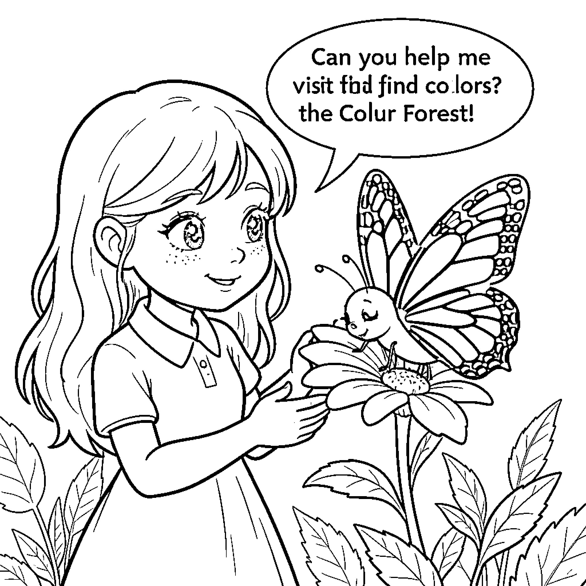 Luna Explores the Colorful Garden with a Butterfly Friend Coloring Page (free black-and-white line drawing printable PDF for all, from beginners to advanced learners, including children, teens, adults, and seniors)