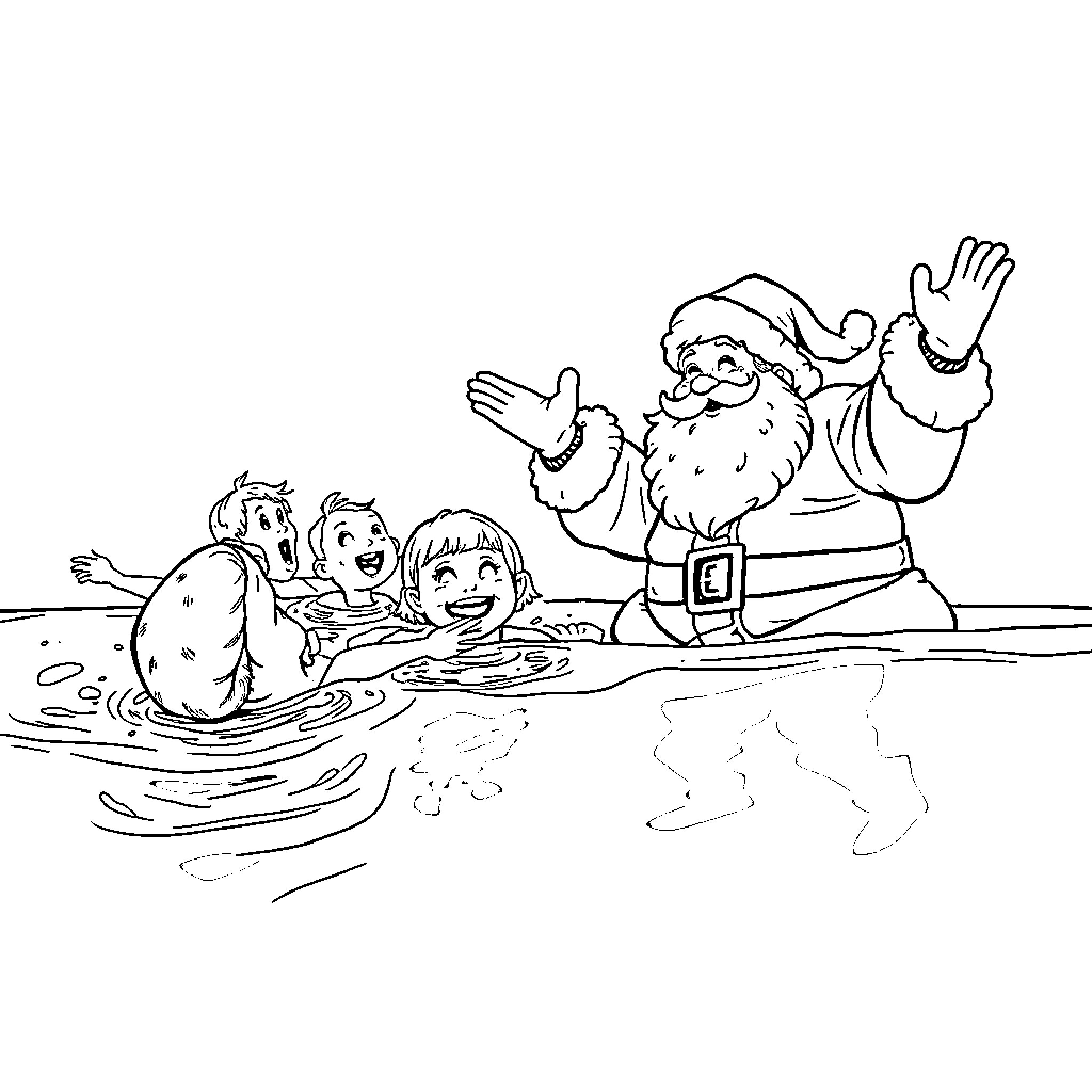 Santa swimming with children in the sea Coloring Page (free black-and-white line drawing printable PDF for all, from beginners to advanced learners, including children, teens, adults, and seniors)