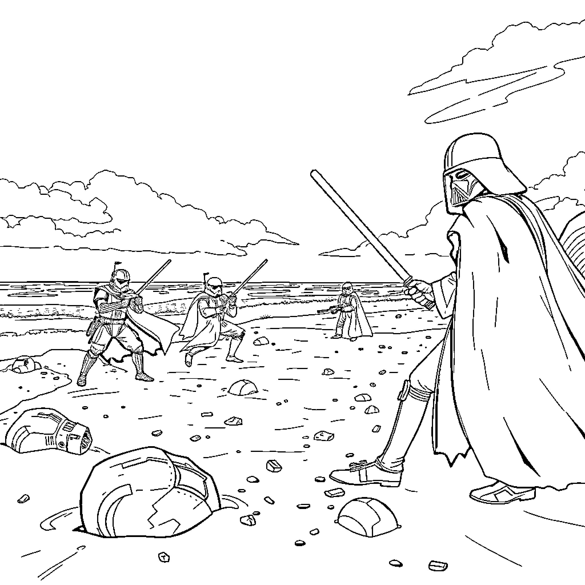 Star Wars: Galactic Battle on the Frontier Coloring Page (free black-and-white line drawing printable PDF for all, from beginners to advanced learners, including children, teens, adults, and seniors)
