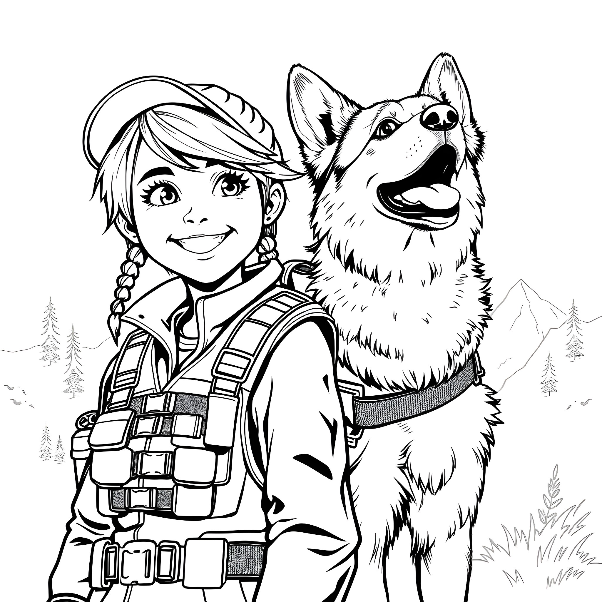 Girl Explorer and Her Loyal Dog Companion Coloring Page (free black-and-white line drawing printable PDF for all, from beginners to advanced learners, including children, teens, adults, and seniors)