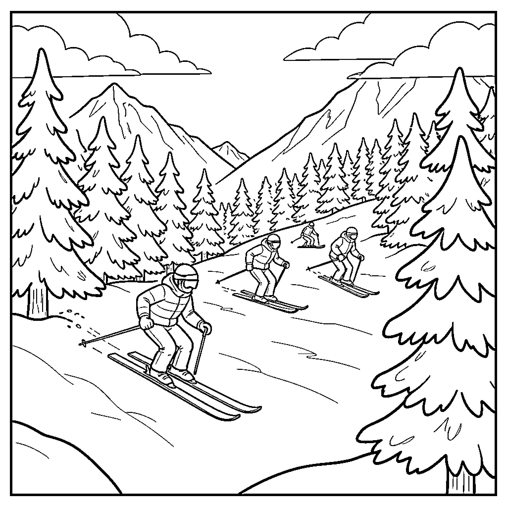 Skiing downhill in snowy mountains Coloring Page (free black-and-white line drawing printable PDF for all, from beginners to advanced learners, including children, teens, adults, and seniors)