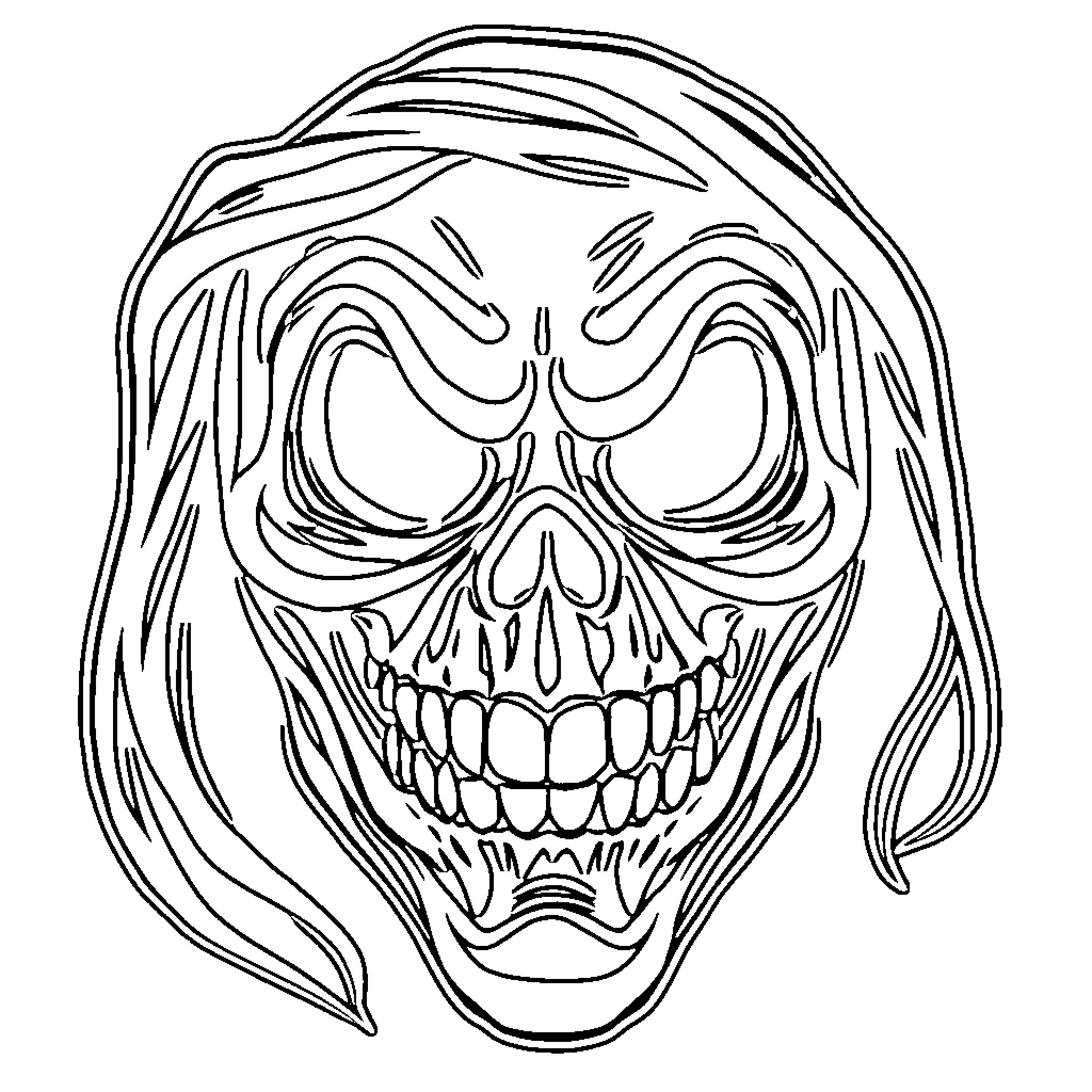 Halloween Mask with Creepy Grinning Expression Coloring Page (free black-and-white line drawing printable PDF for all, from beginners to advanced learners, including children, teens, adults, and seniors)