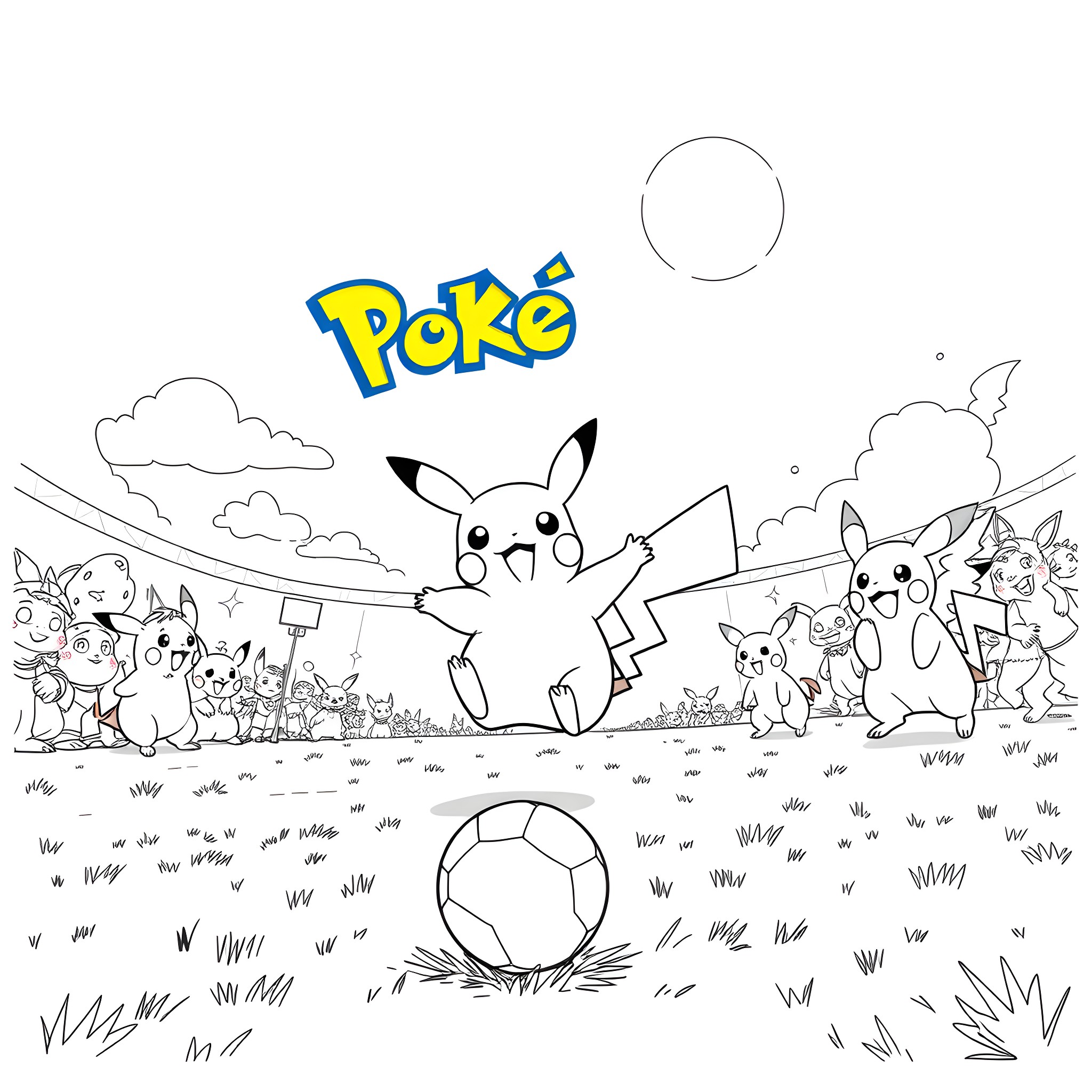Pokémon characters playing together in a field Coloring Page (free black-and-white line drawing printable PDF for all, from beginners to advanced learners, including children, teens, adults, and seniors)