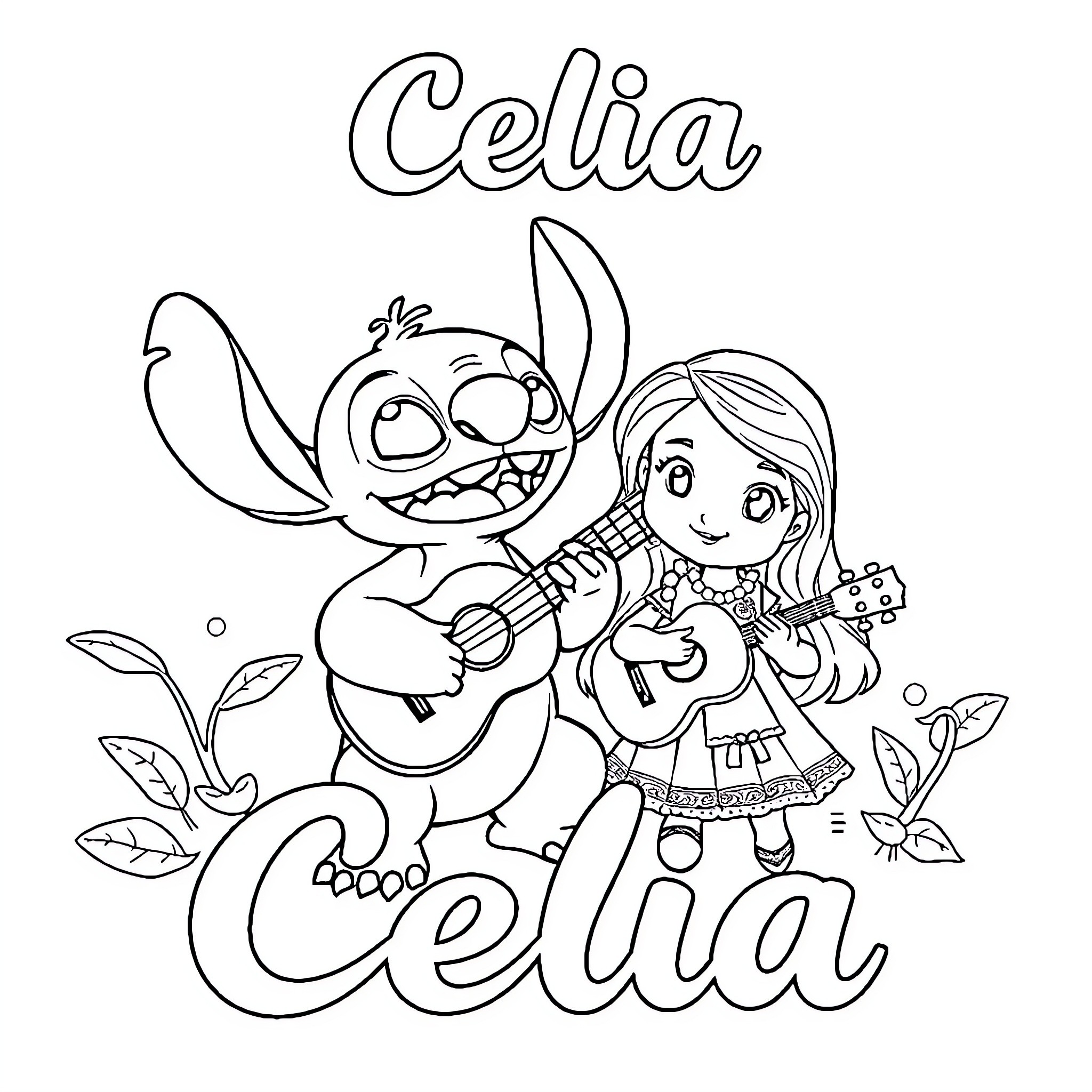 Celia playing guitar with Stitch Coloring Page (free black-and-white line drawing printable PDF for all, from beginners to advanced learners, including children, teens, adults, and seniors)