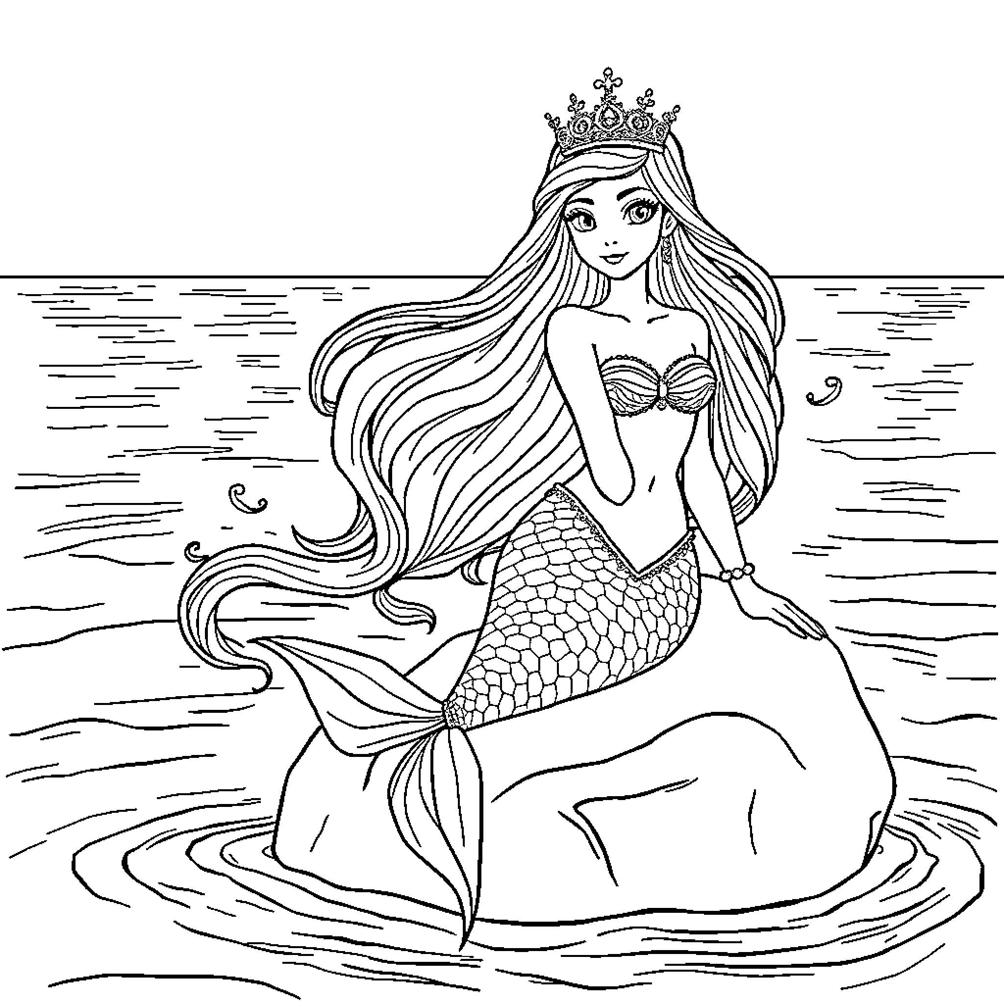 Mermaid princess in the ocean Coloring Page (free black-and-white line drawing printable PDF for all, from beginners to advanced learners, including children, teens, adults, and seniors)