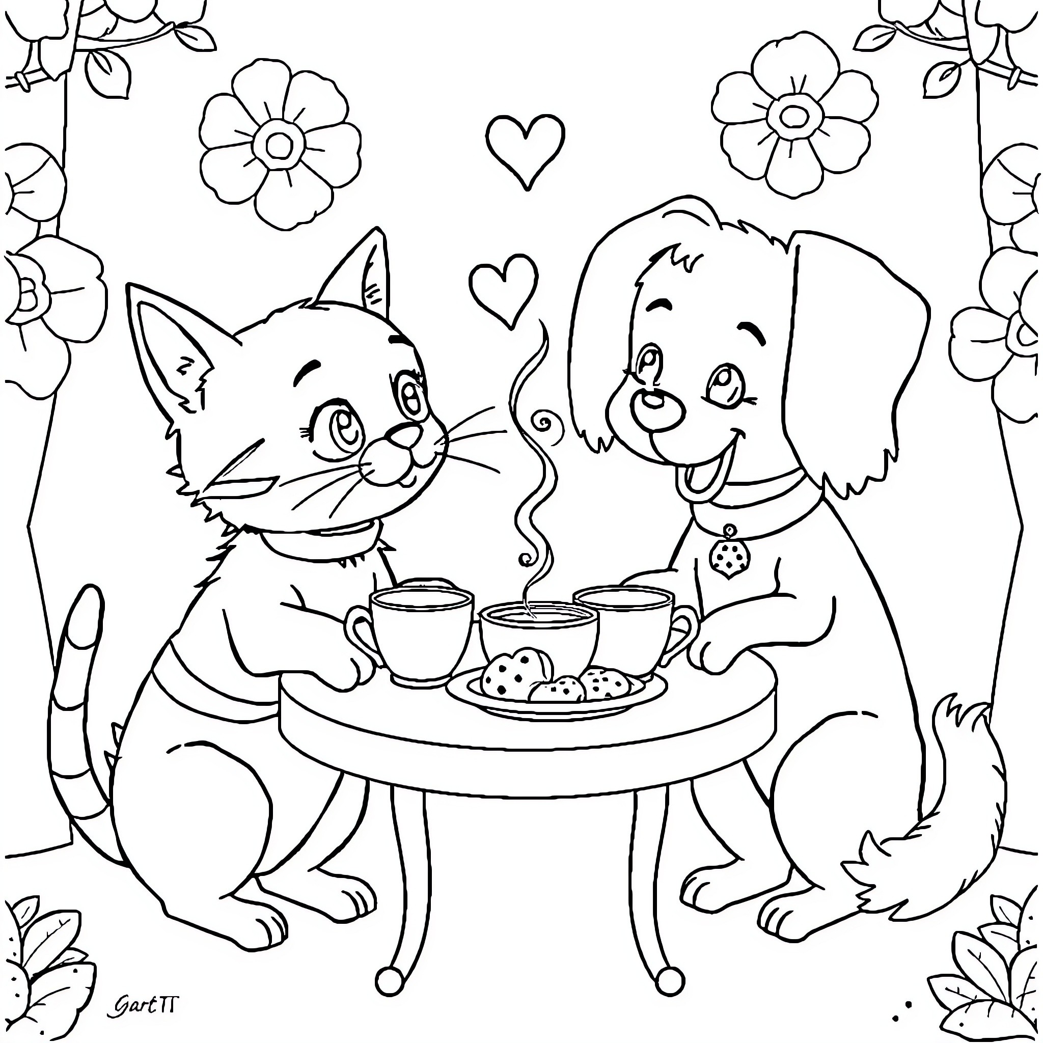 Cat and Dog Enjoying Tea and Treats Together Coloring Page (free black-and-white line drawing printable PDF for all, from beginners to advanced learners, including children, teens, adults, and seniors)