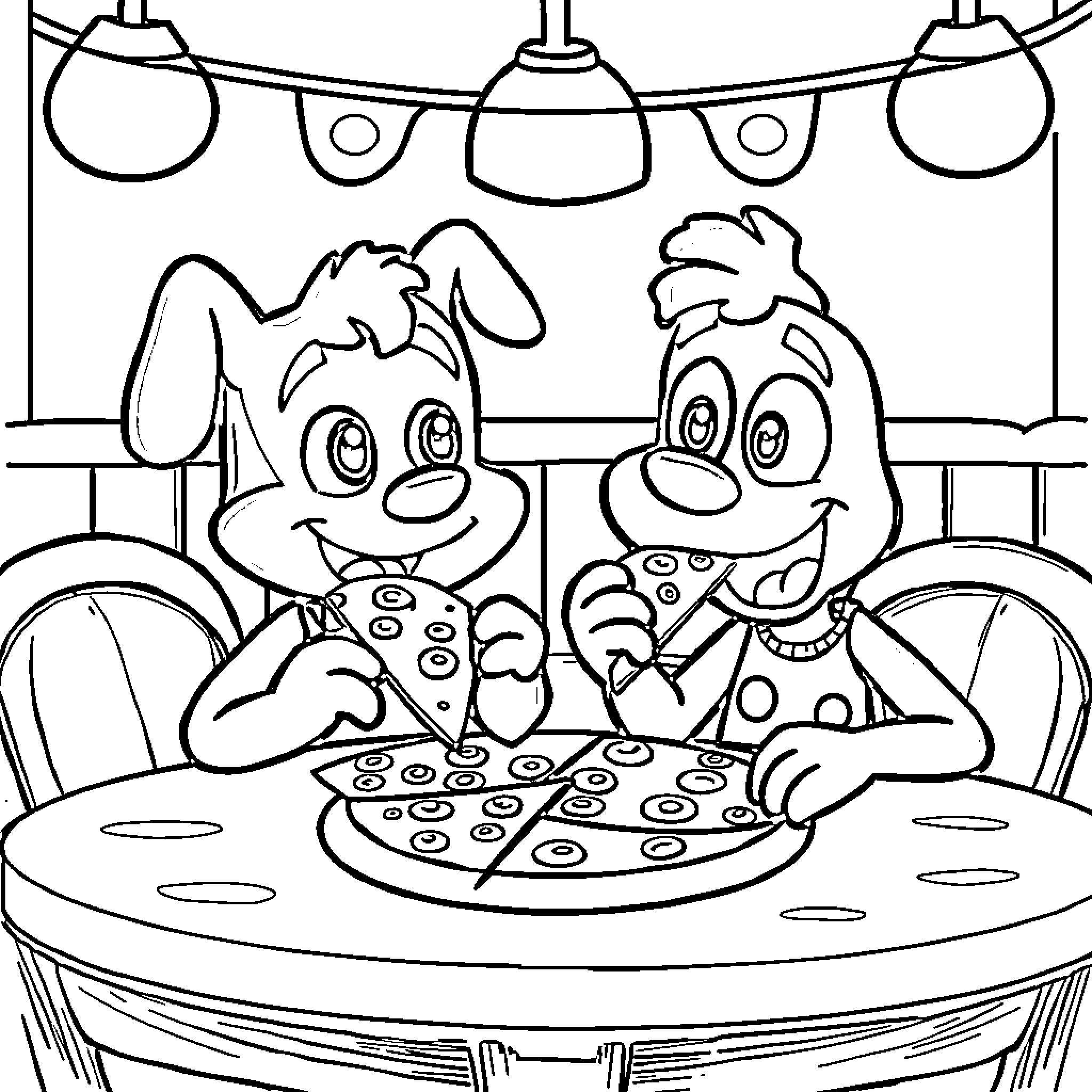 Bluey and Friend Enjoying Pizza Party Coloring Page (free black-and-white line drawing printable PDF for all, from beginners to advanced learners, including children, teens, adults, and seniors)