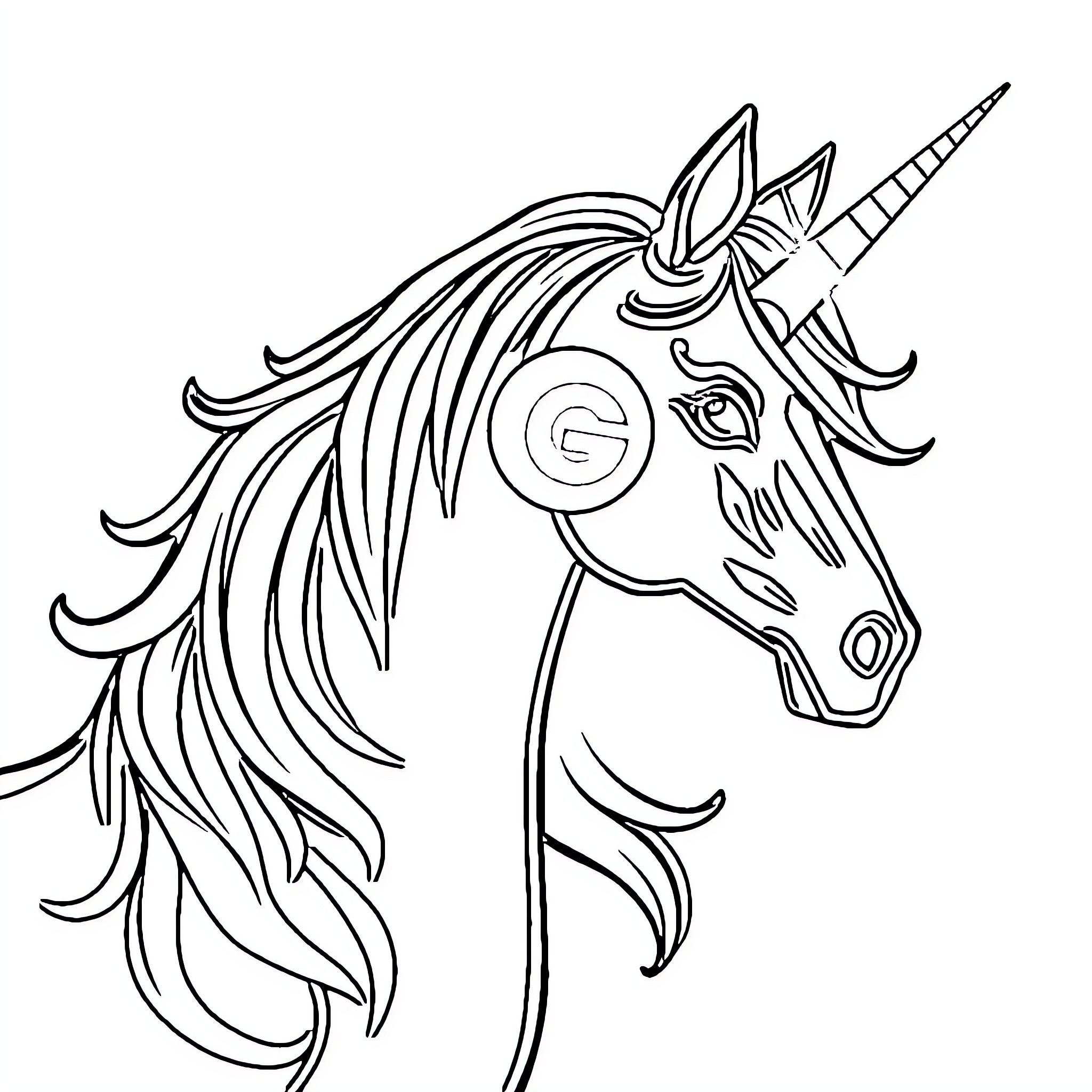 Unicorn with whimsical mane and horn Coloring Page (free black-and-white line drawing printable PDF for all, from beginners to advanced learners, including children, teens, adults, and seniors)