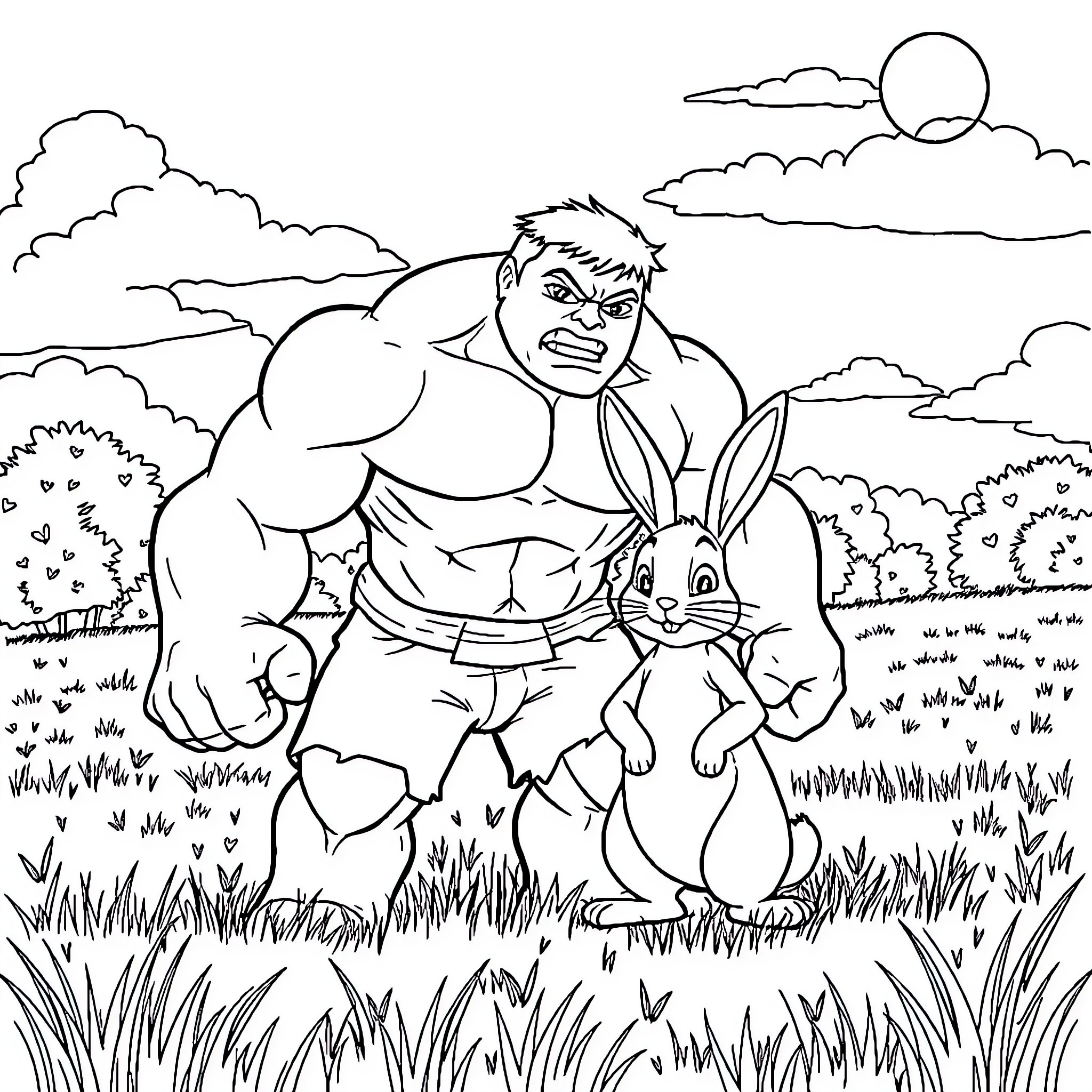 Hulk defending a rabbit in an outdoor scene Coloring Page (free black-and-white line drawing printable PDF for all, from beginners to advanced learners, including children, teens, adults, and seniors)
