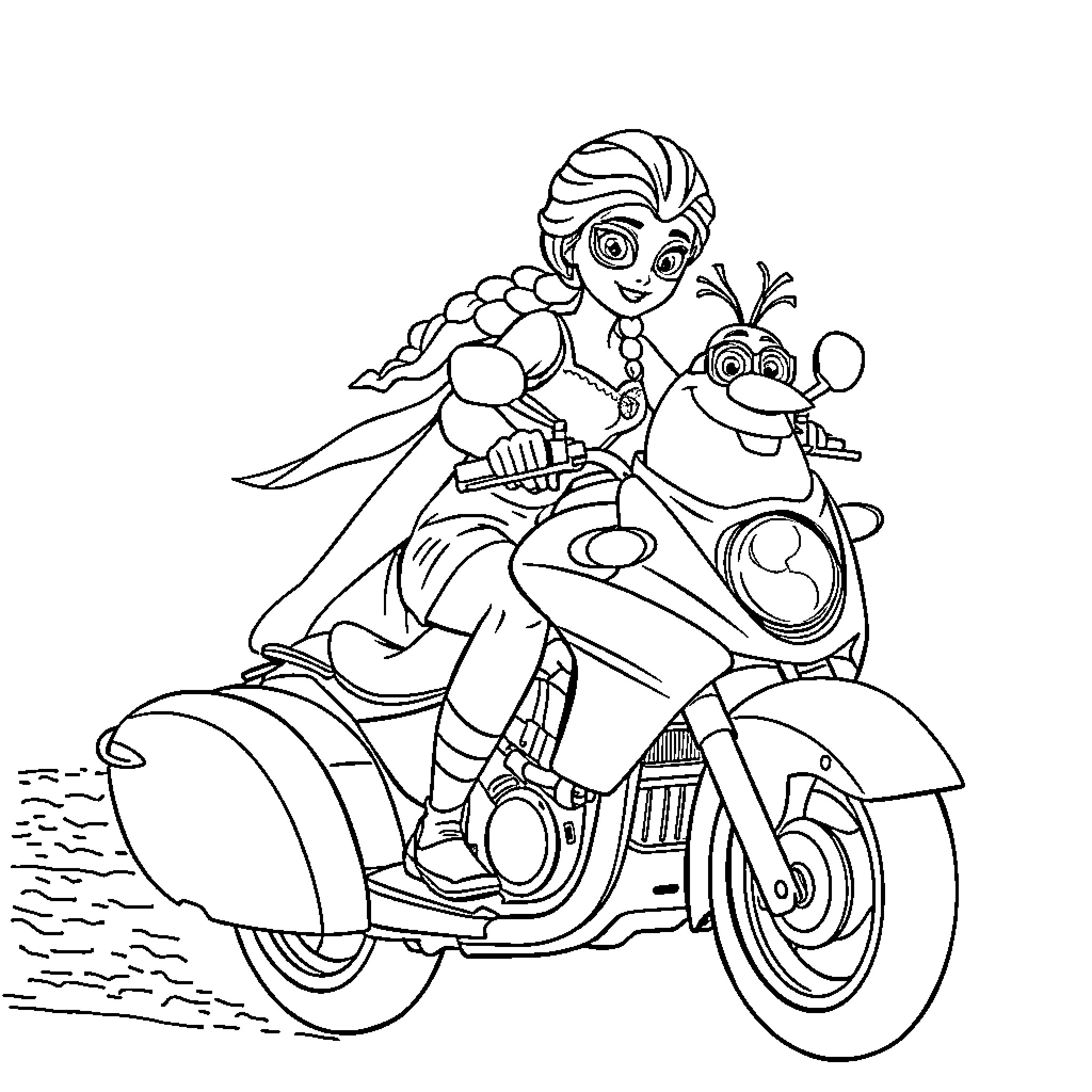 Elsa riding a scooter with her friend Coloring Page (free black-and-white line drawing printable PDF for all, from beginners to advanced learners, including children, teens, adults, and seniors)