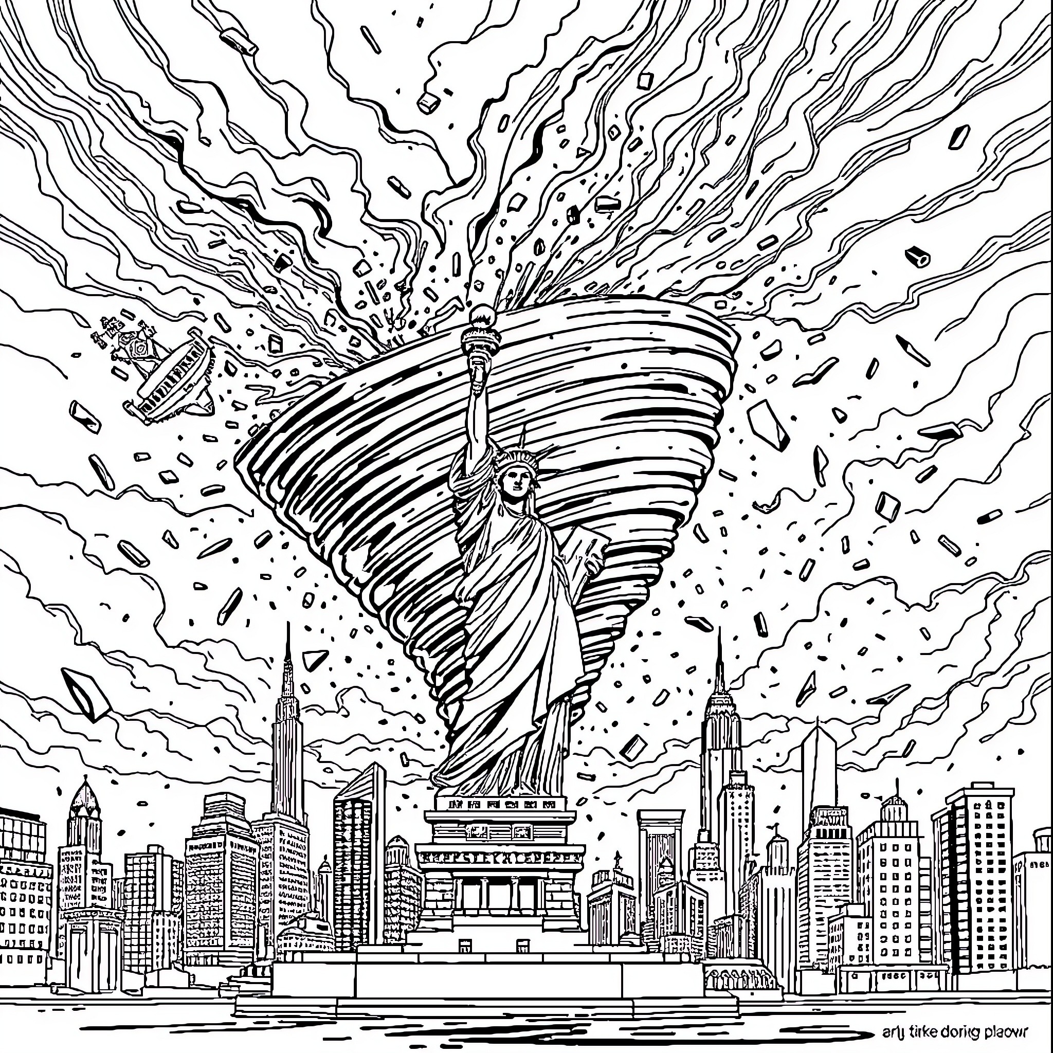 Tornado Raging Over Cityscape Coloring Page (free black-and-white line drawing printable PDF for all, from beginners to advanced learners, including children, teens, adults, and seniors)