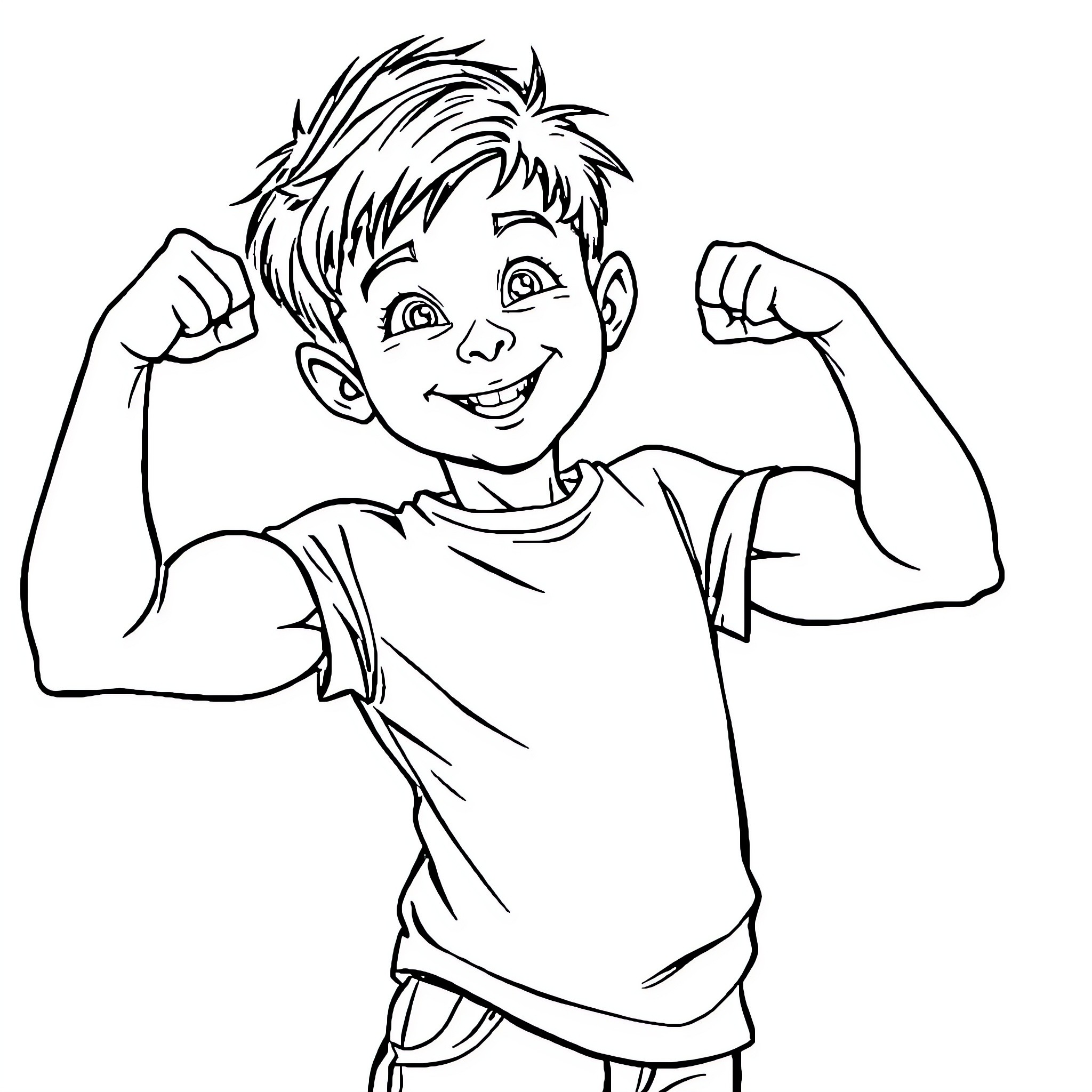 Kid showing off his strength and muscles Coloring Page (free black-and-white line drawing printable PDF for all, from beginners to advanced learners, including children, teens, adults, and seniors)