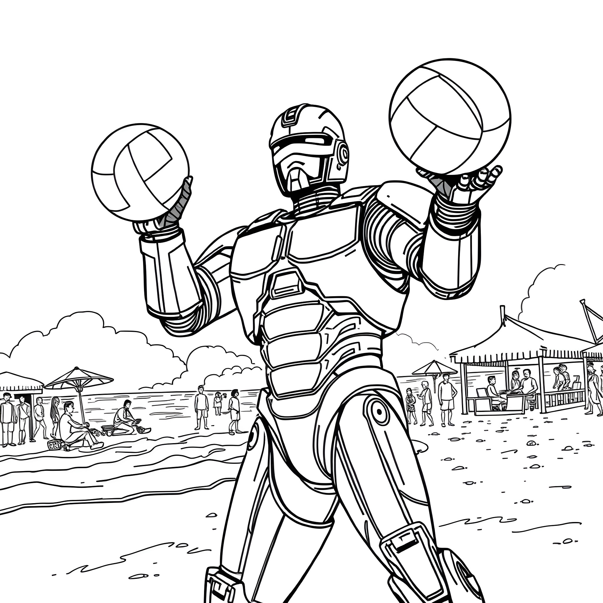 Robocop in action on the beach Coloring Page (free black-and-white line drawing printable PDF for all, from beginners to advanced learners, including children, teens, adults, and seniors)