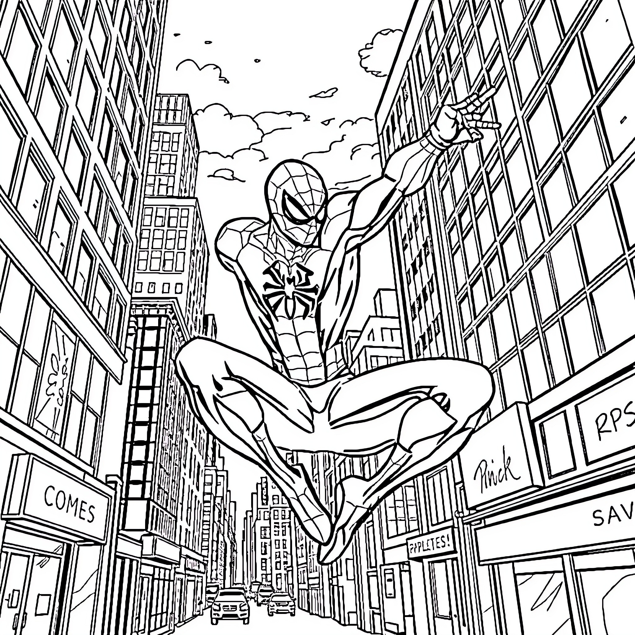 Spiderman swinging through the city skyline Coloring Page (free black-and-white line drawing printable PDF for all, from beginners to advanced learners, including children, teens, adults, and seniors)
