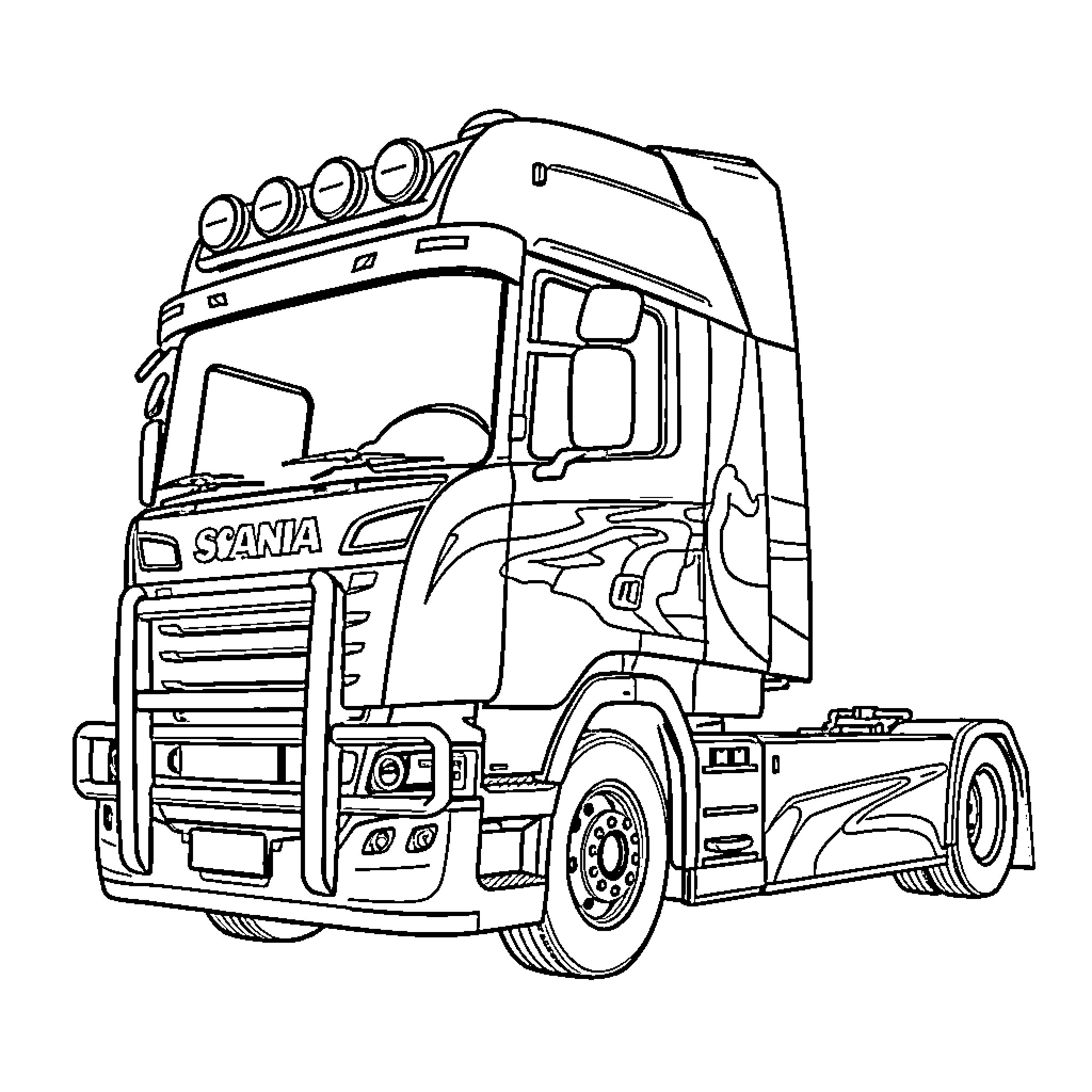 Scania semi-truck in detailed outline Coloring Page (free black-and-white line drawing printable PDF for all, from beginners to advanced learners, including children, teens, adults, and seniors)