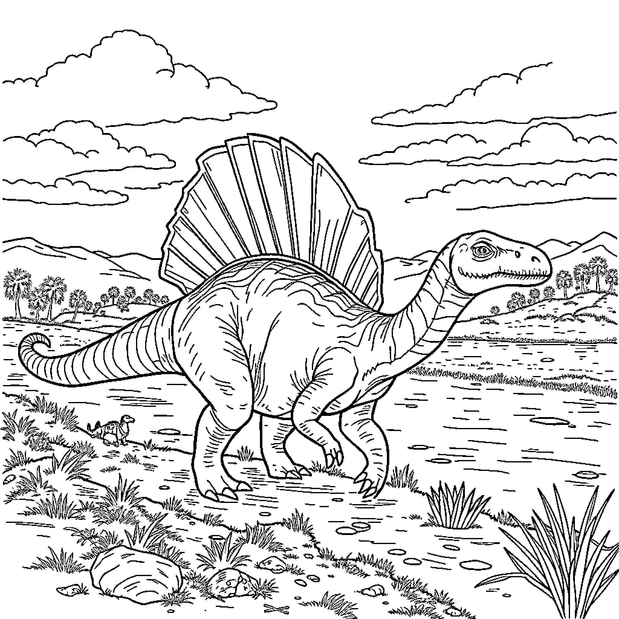 Spinosaurus exploring prehistoric landscape Coloring Page (free black-and-white line drawing printable PDF for all, from beginners to advanced learners, including children, teens, adults, and seniors)