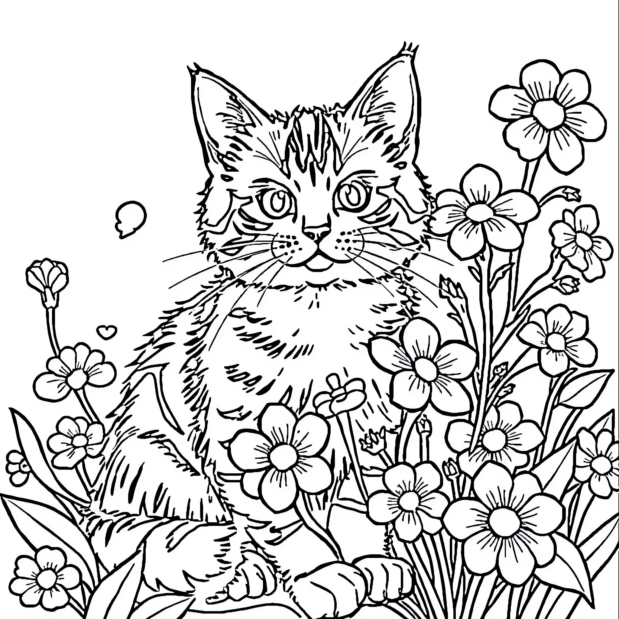 Gato surrounded by vibrant flowers Coloring Page (free black-and-white line drawing printable PDF for all, from beginners to advanced learners, including children, teens, adults, and seniors)