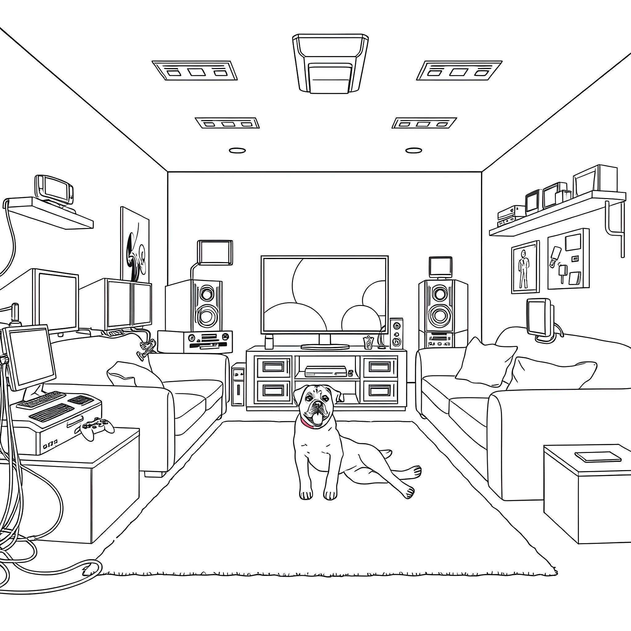 Dog relaxing in a home entertainment room Coloring Page (free black-and-white line drawing printable PDF for all, from beginners to advanced learners, including children, teens, adults, and seniors)
