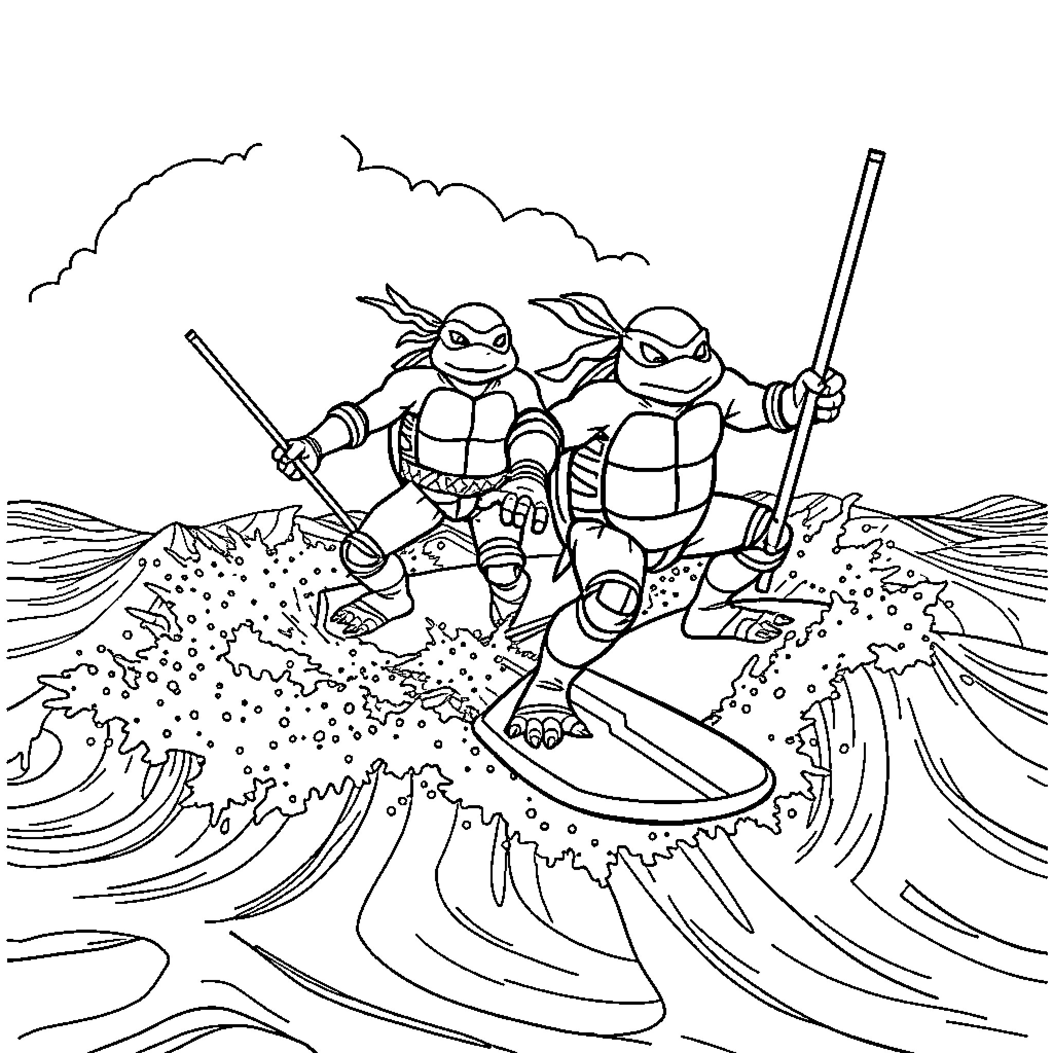 Ninja Turtles battling together in the waves Coloring Page (free black-and-white line drawing printable PDF for all, from beginners to advanced learners, including children, teens, adults, and seniors)
