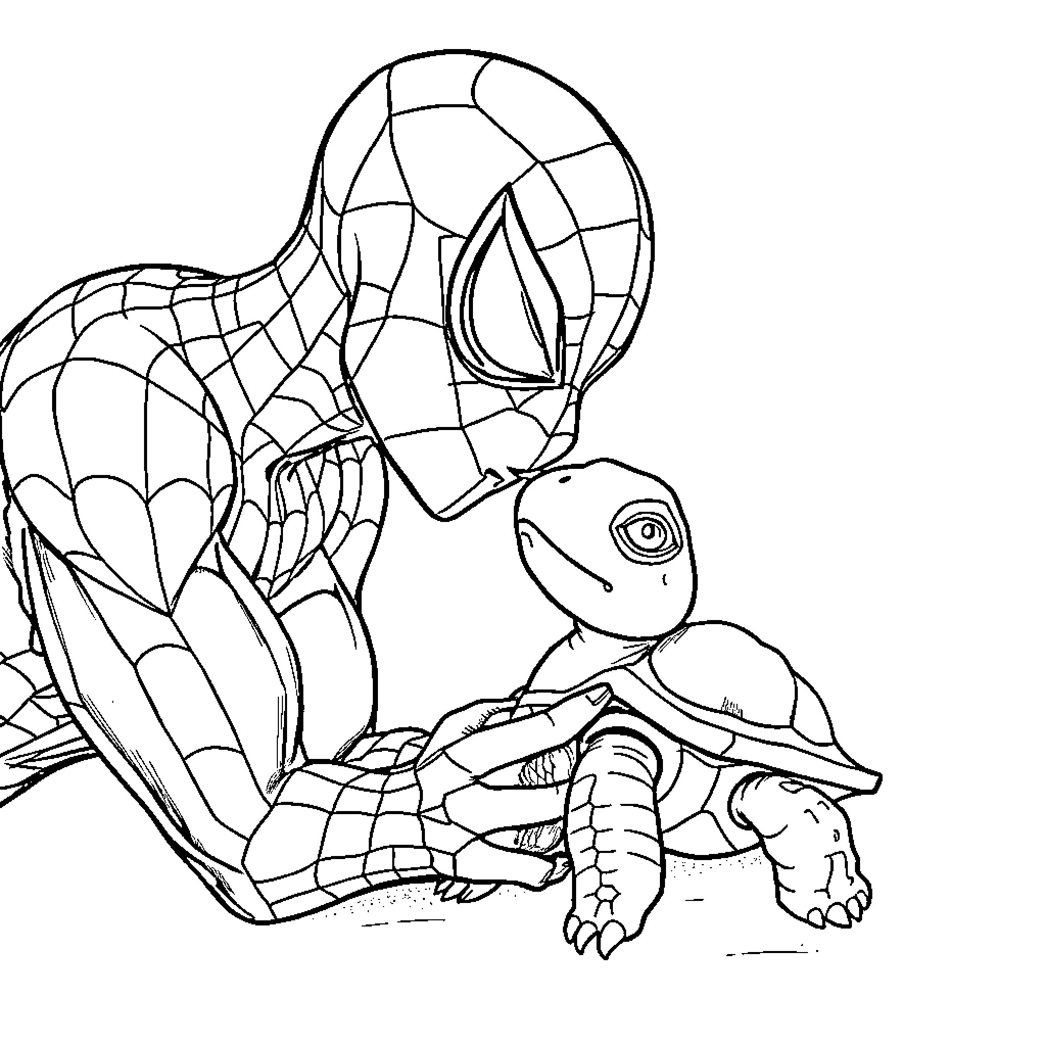 Spider-Man Helping Injured Turtle Coloring Page (free black-and-white line drawing printable PDF for all, from beginners to advanced learners, including children, teens, adults, and seniors)
