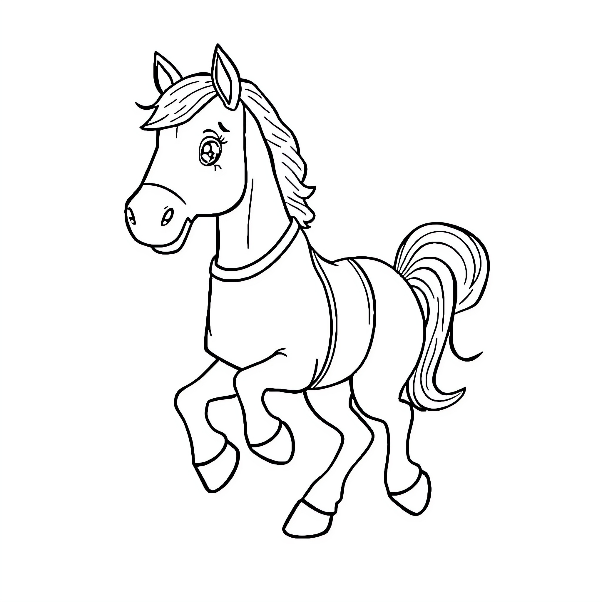 Horse cartoon character in simple outline Coloring Page (free black-and-white line drawing printable PDF for all, from beginners to advanced learners, including children, teens, adults, and seniors)