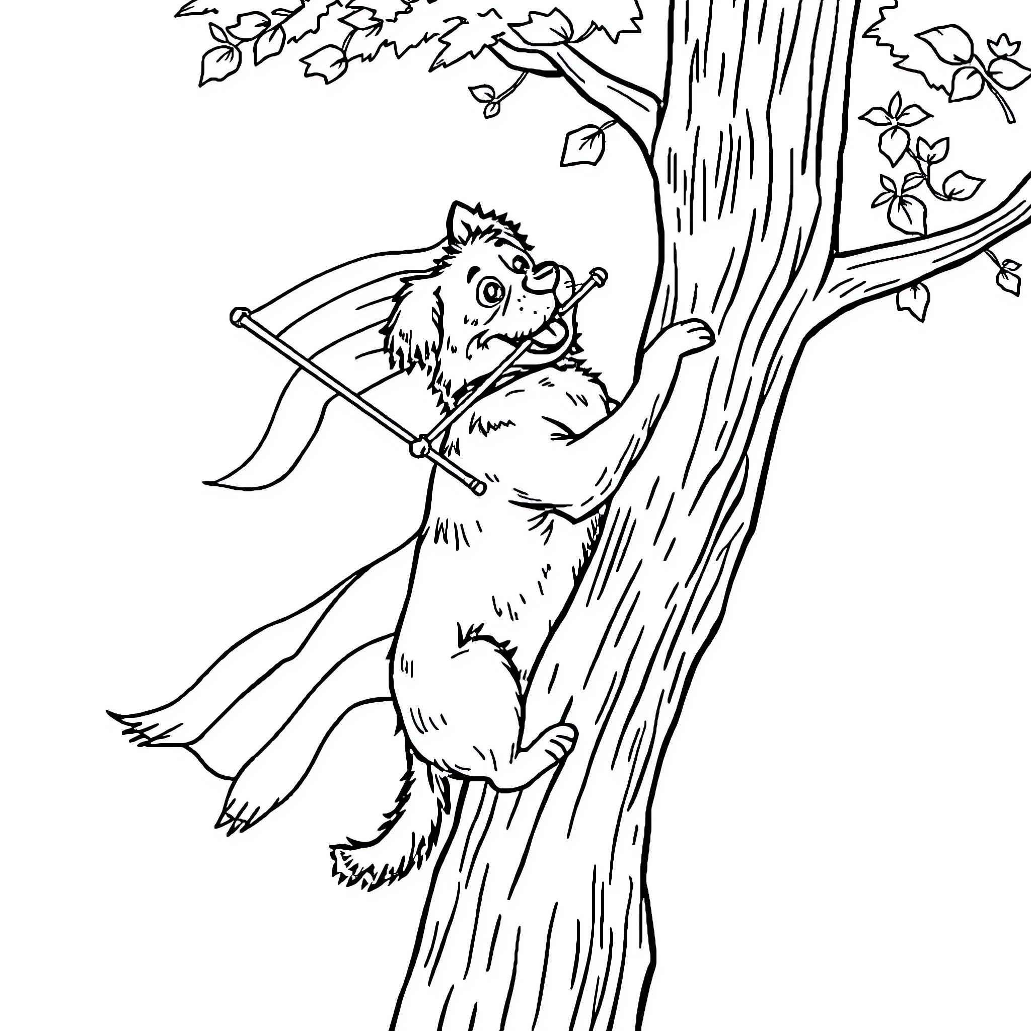 Dog climbing up the tree Coloring Page (free black-and-white line drawing printable PDF for all, from beginners to advanced learners, including children, teens, adults, and seniors)