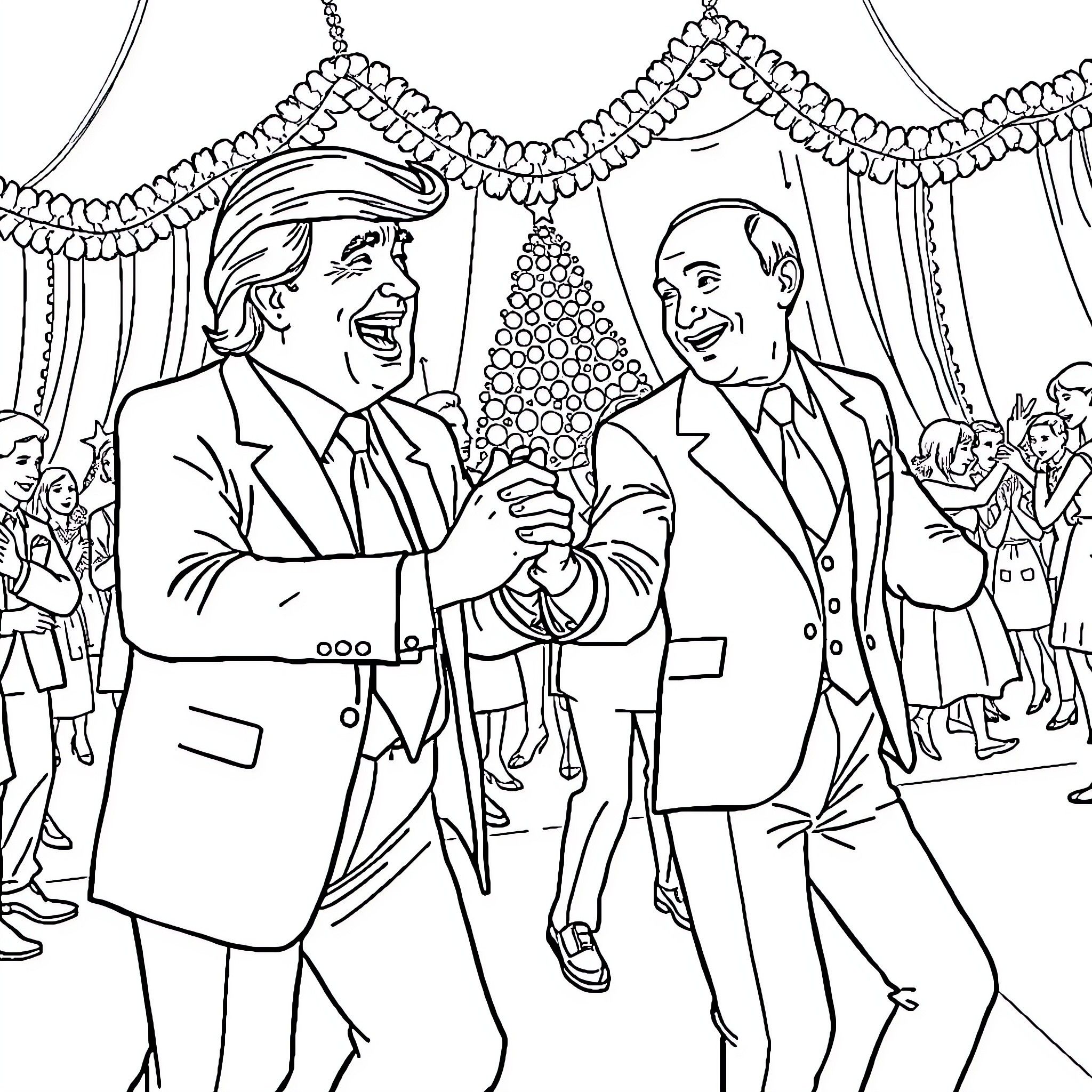 Donald Trump and Supporters Celebrating at a Gala Event Coloring Page (free black-and-white line drawing printable PDF for all, from beginners to advanced learners, including children, teens, adults, and seniors)