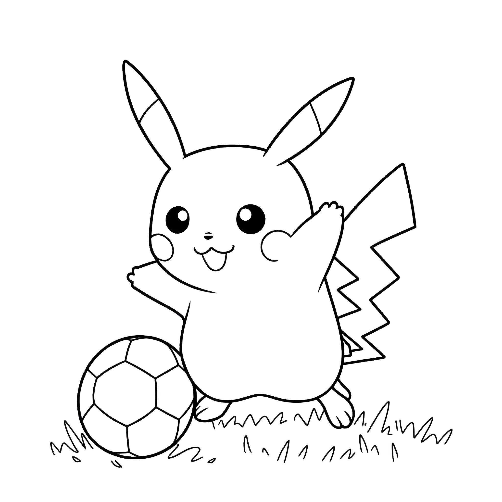Pikachu playing with soccer ball happily Coloring Page (free black-and-white line drawing printable PDF for all, from beginners to advanced learners, including children, teens, adults, and seniors)