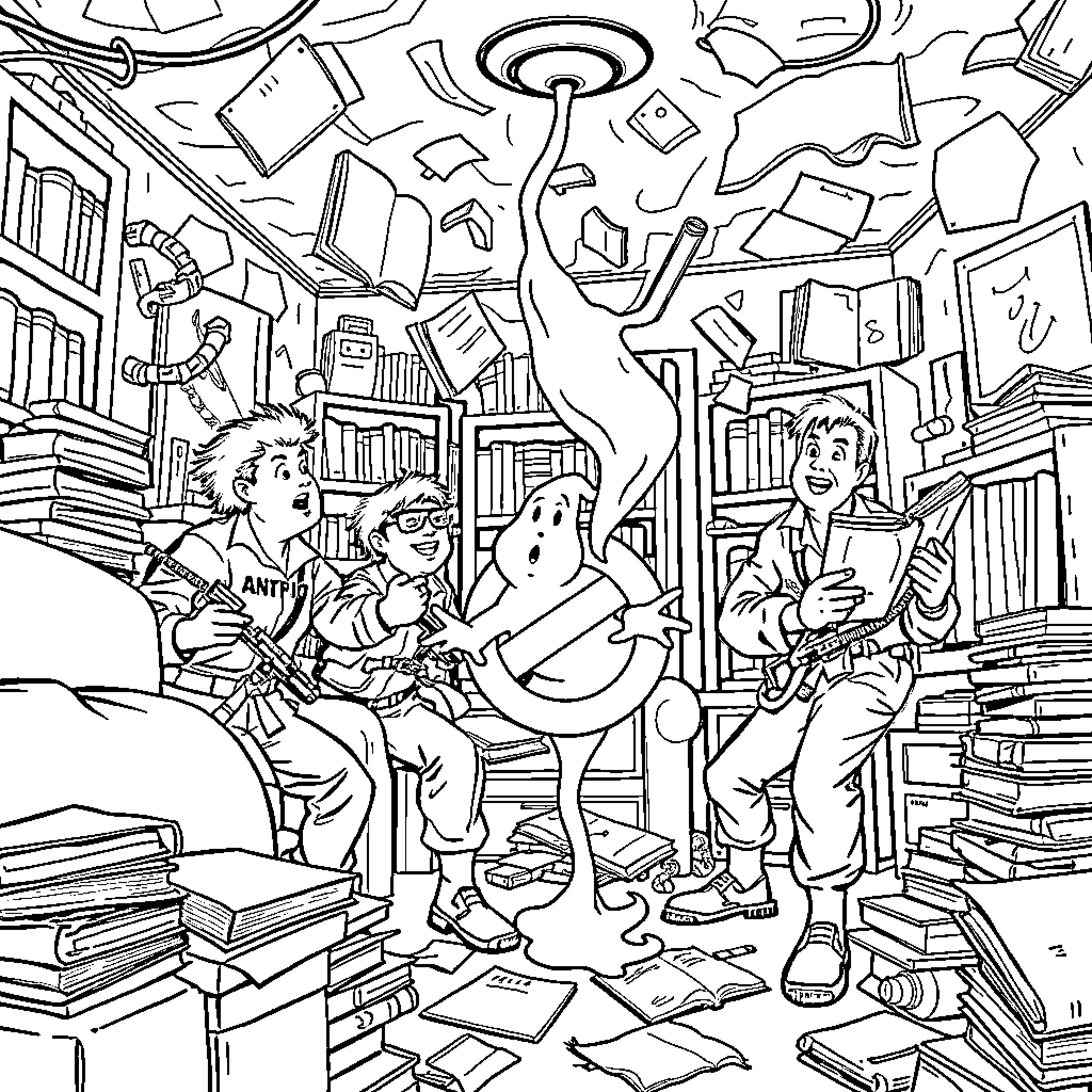 Ghostbusters caught in chaotic paranormal scene Coloring Page (free black-and-white line drawing printable PDF for all, from beginners to advanced learners, including children, teens, adults, and seniors)