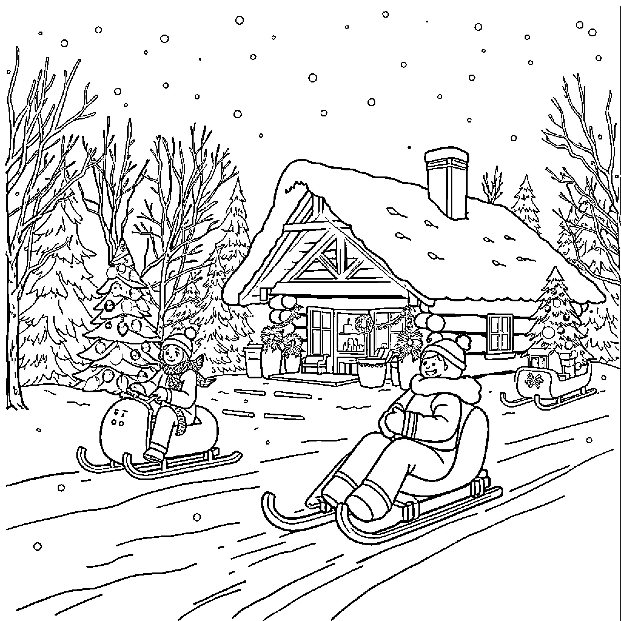 Christmas Scene with Sledding and Snowy Cabin Coloring Page (free black-and-white line drawing printable PDF for all, from beginners to advanced learners, including children, teens, adults, and seniors)