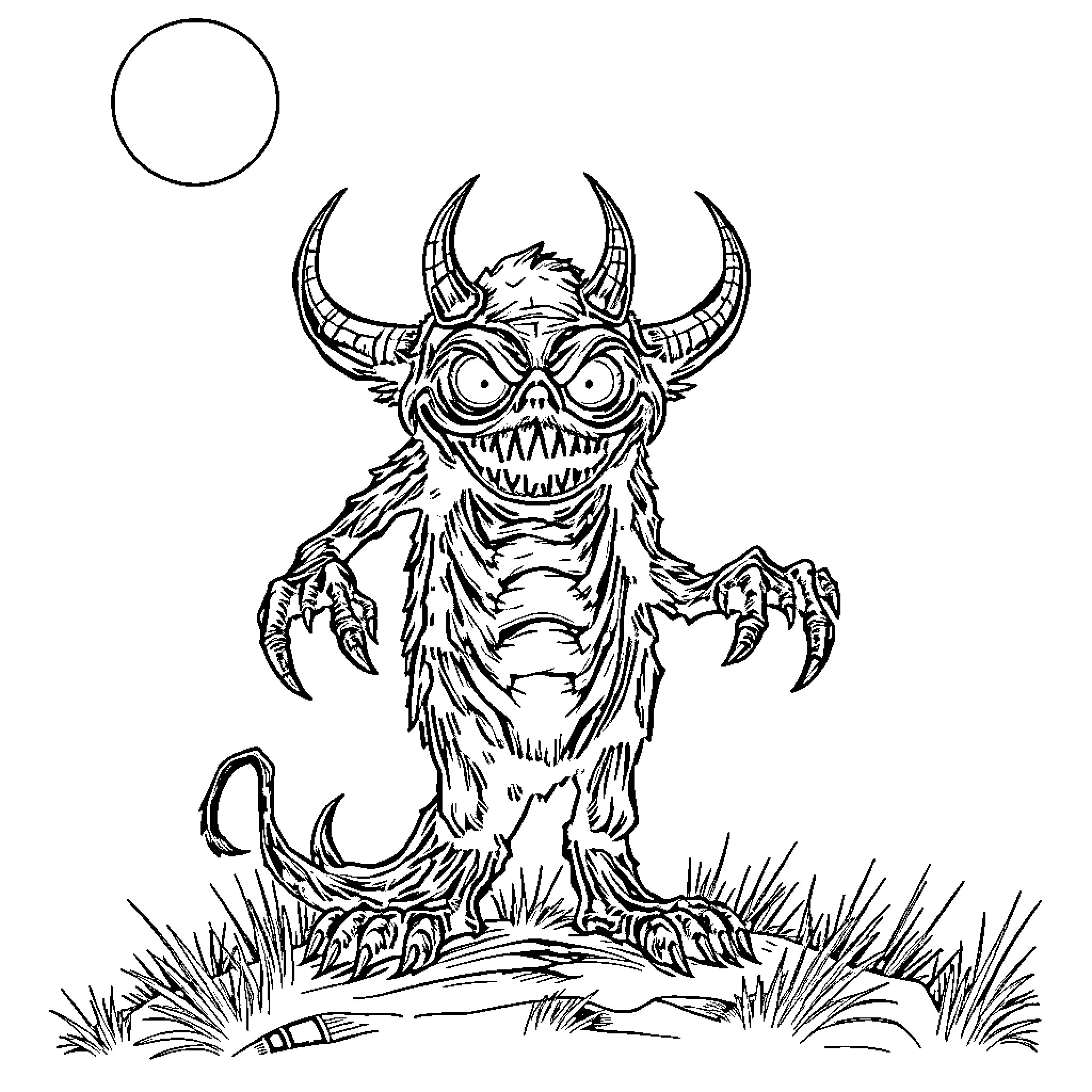 Monster with Horns and Claws in Grass Coloring Page (free black-and-white line drawing printable PDF for all, from beginners to advanced learners, including children, teens, adults, and seniors)