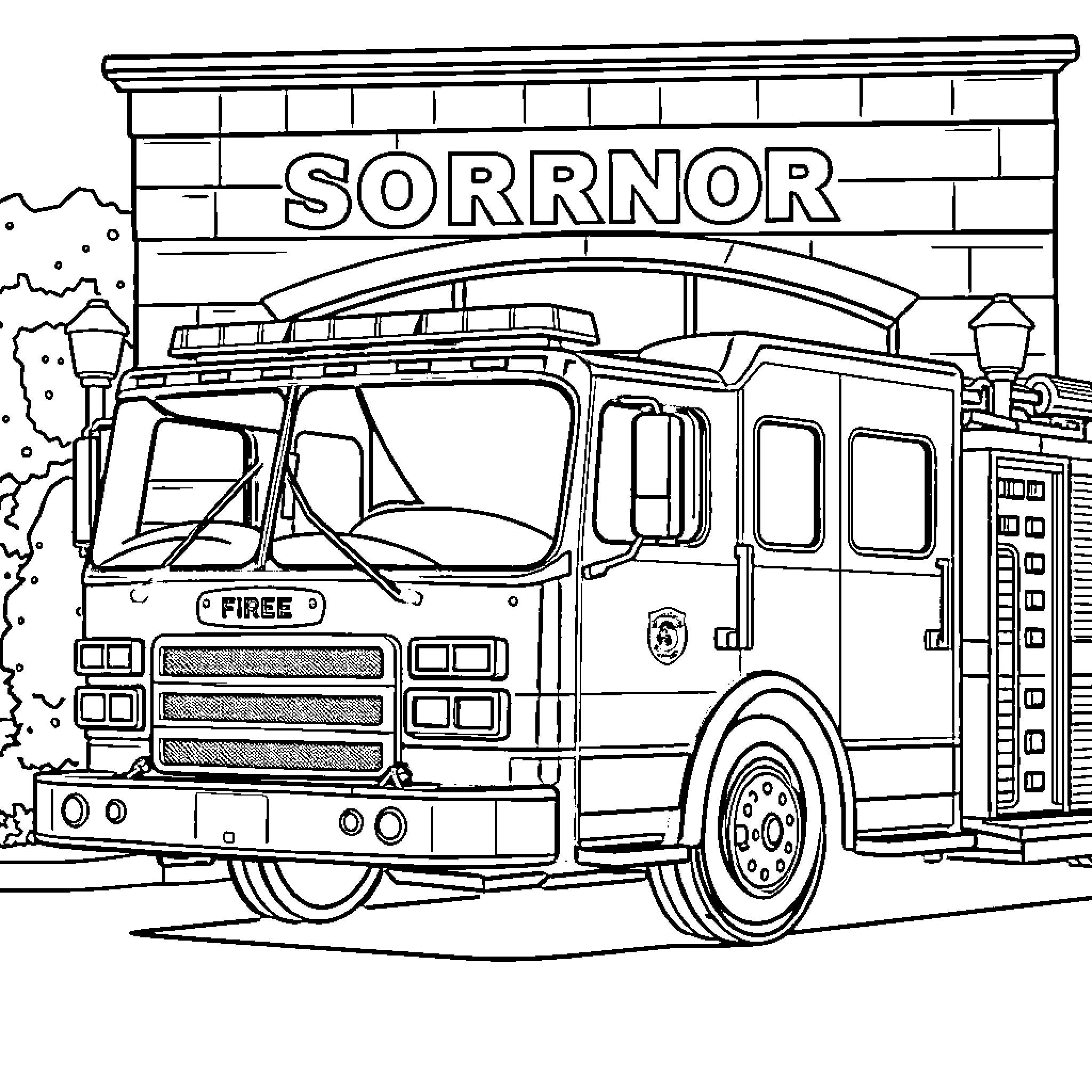Fire Truck rushing to the scene Coloring Page (free black-and-white line drawing printable PDF for all, from beginners to advanced learners, including children, teens, adults, and seniors)